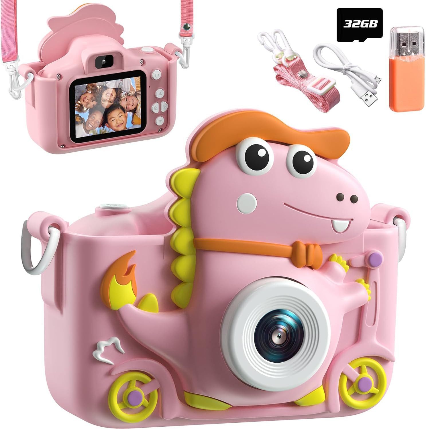 Kityhome Spielzeug-Kamera 2" Display 1080P, Selfie kamera Kinder mit 32GB SD-Karte (Dinosaurier), (Set, 32GB-Speicherkarte, Anti-Verlust-Armband, Ladekabel), Fotokamera Kinder für Jungen und Mädchen Weihnachten Geschenke (Grün)