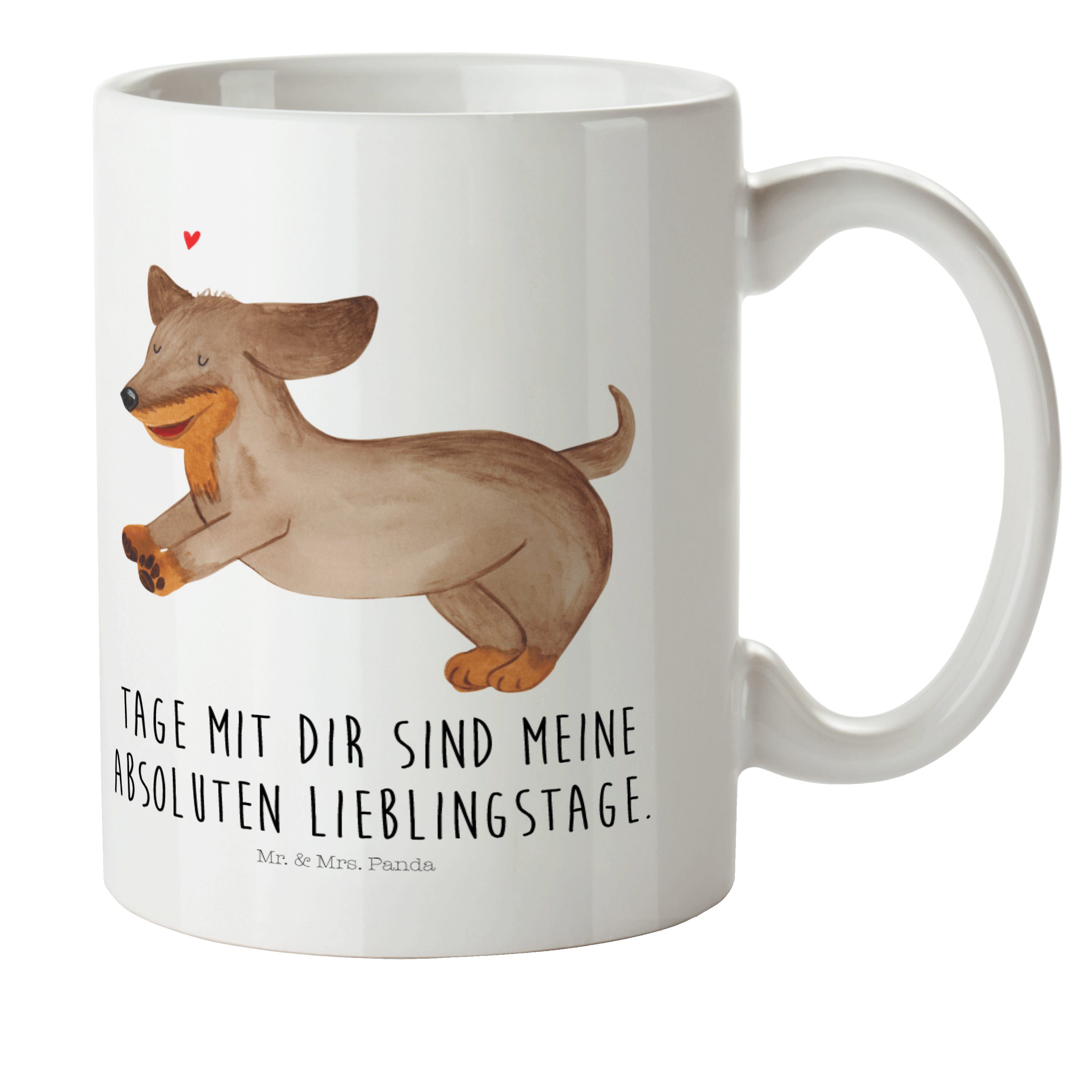 Mr. & Mrs. Panda Kinderbecher Hund Dackel fröhlich - Weiß - Geschenk, Kaffeetasse, braun, happy dog, Kunststoff