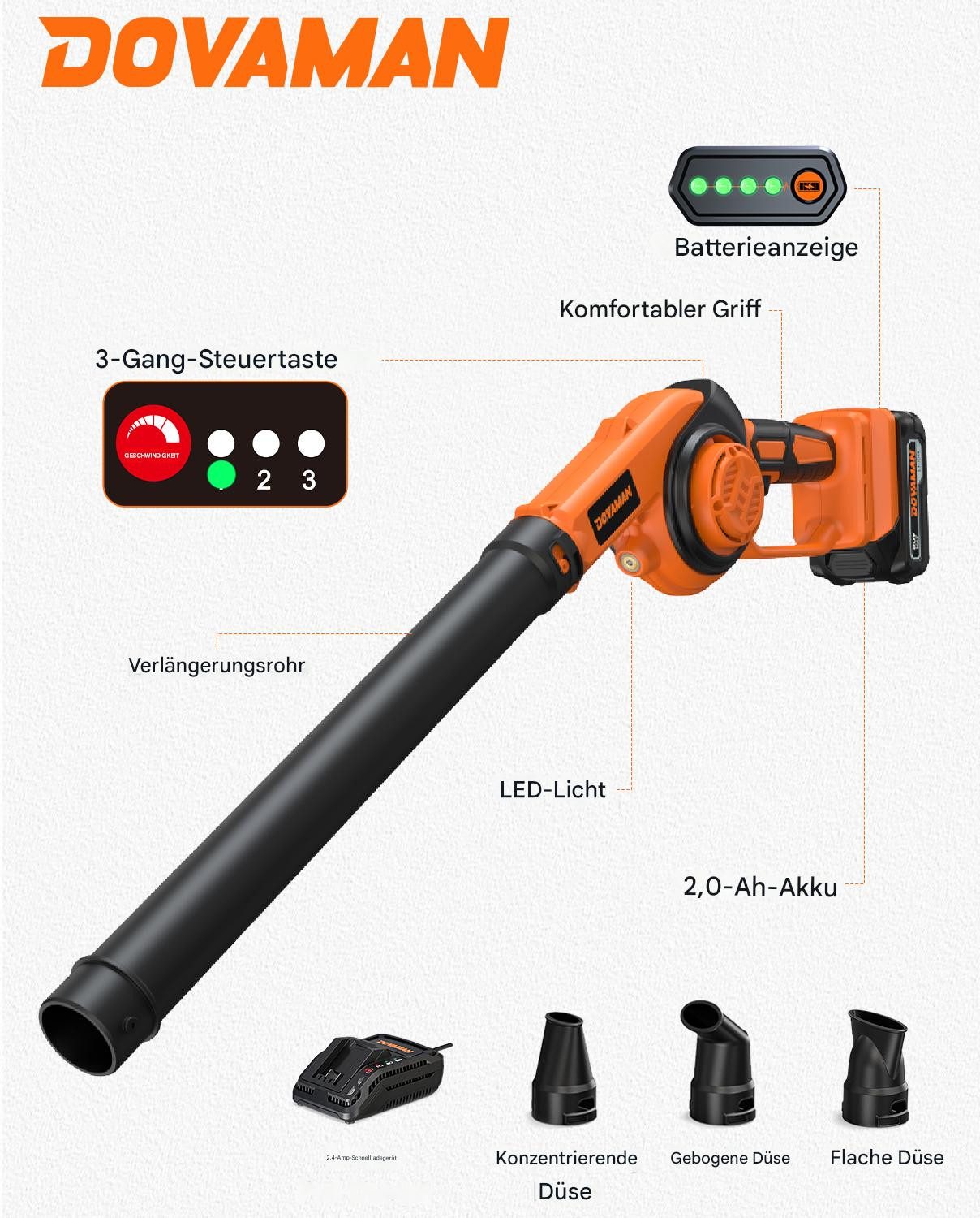 DOVAMAN Akku-Laubbläser 3-in-1, 20V, 288 km/h, 3 Stufen, nur 800 g, inkl. A günstig online kaufen