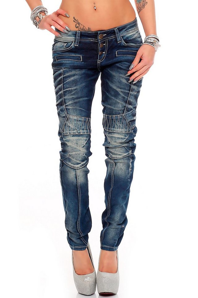 Cipo & Baxx Slim-fit-Jeans Damen Slim Fit Hose Stonewashed BA-WD255 Aufwendig verzierte Hosenbeine