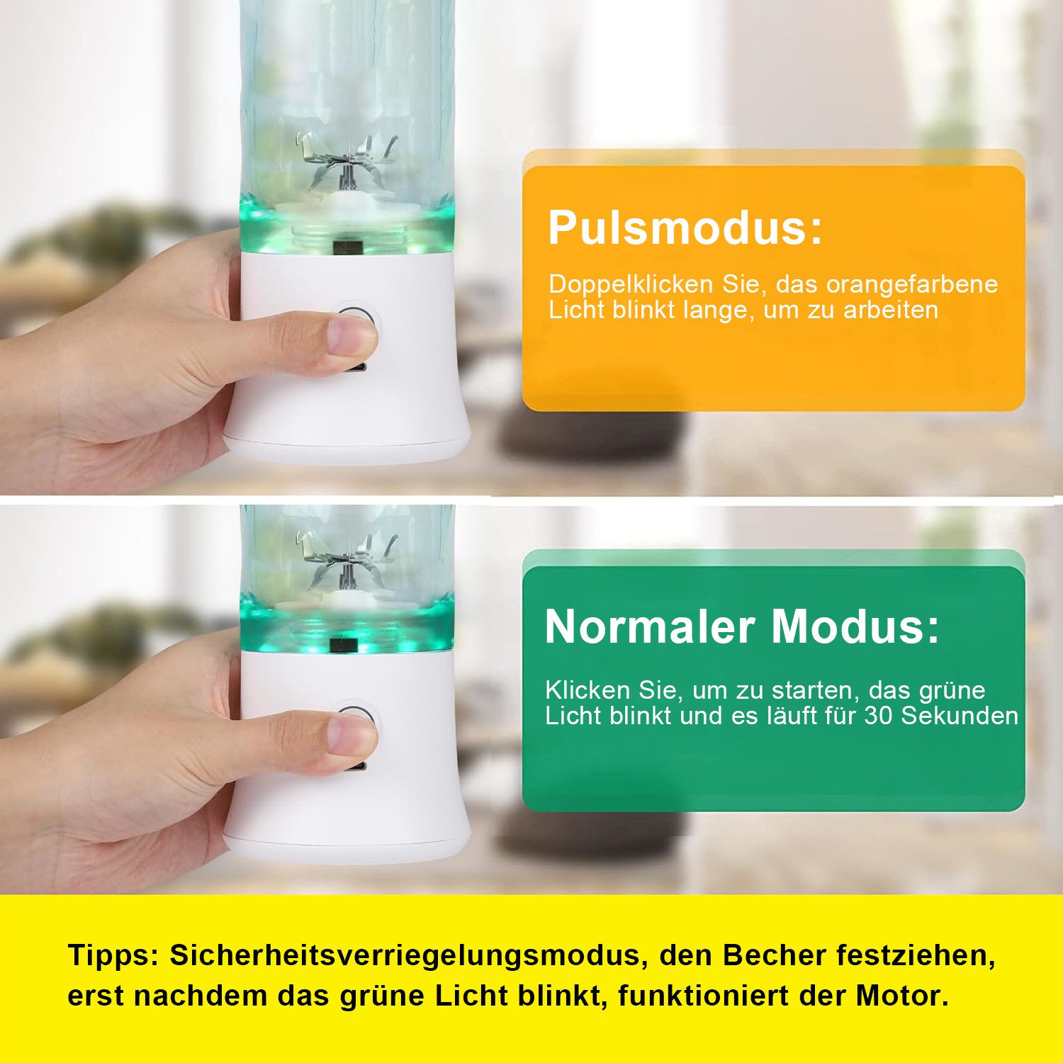 MODFU Akku-Smoothie-Maker 600ml Elektrischer Tragbarer Smoothie Mixer mit 6 Edelstahlklingen, 240 W, 2-in-1 Trinkflasche für Fitnessstudio Büro Camping und Reisen