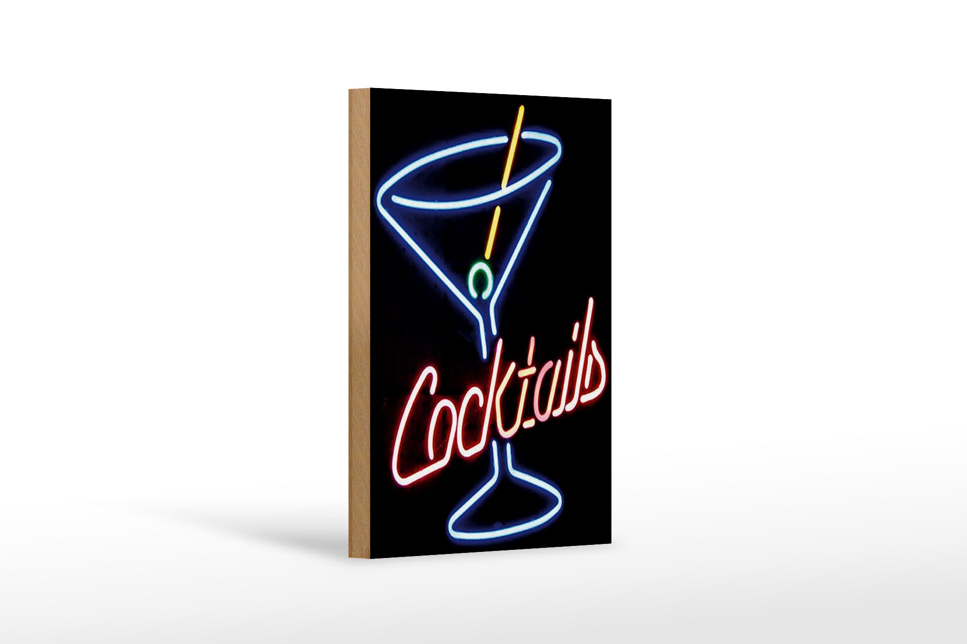 Holzbild 12x18 cm Cocktails Neon Strohhalm