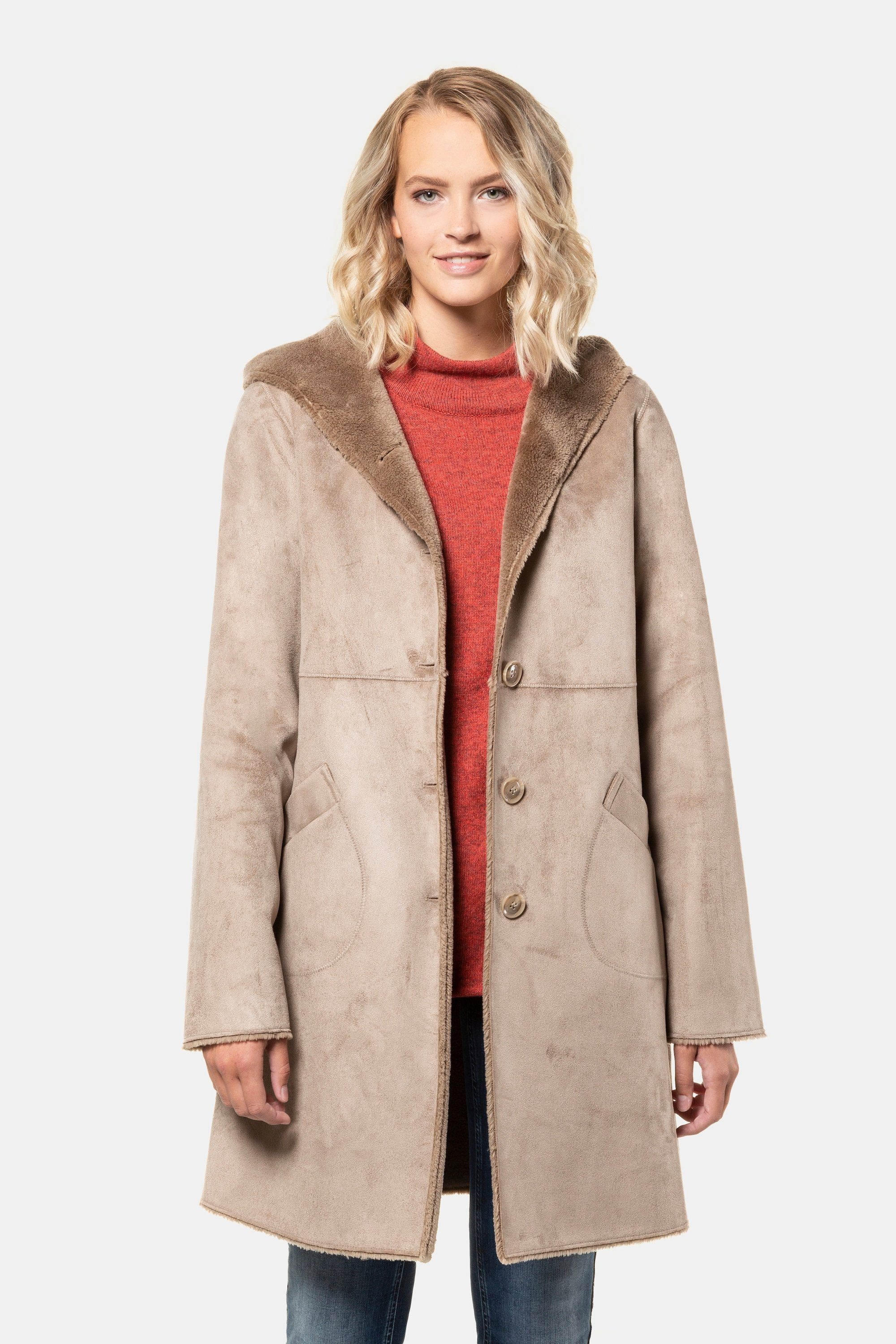 Gina Laura Wintermantel Mantel Veloursleder-/Lammfell-Optik Kapuze