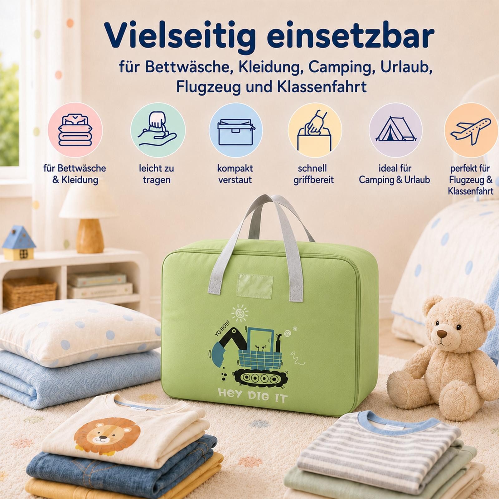 VERCO Reisetasche Kinder Gepäcktasche faltbar für Klassenfahrt (1-tlg), Faltbare Aufbewahrungstasche Kinderzimmer Camping Urlaub
