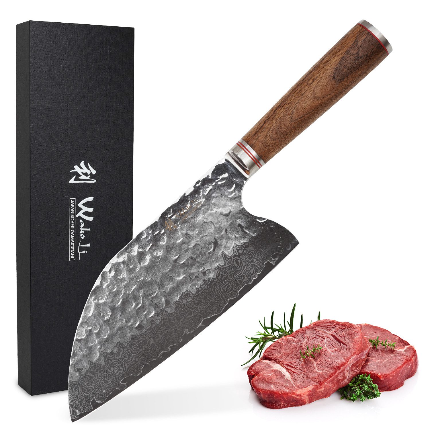 Wakoli Asiamesser Nussbaum Damast Premium Kochmesser Küchenmesser I 20,5 cm Klinge, aus 67 Lagen Damaststahl VG-10 Stahlkern
