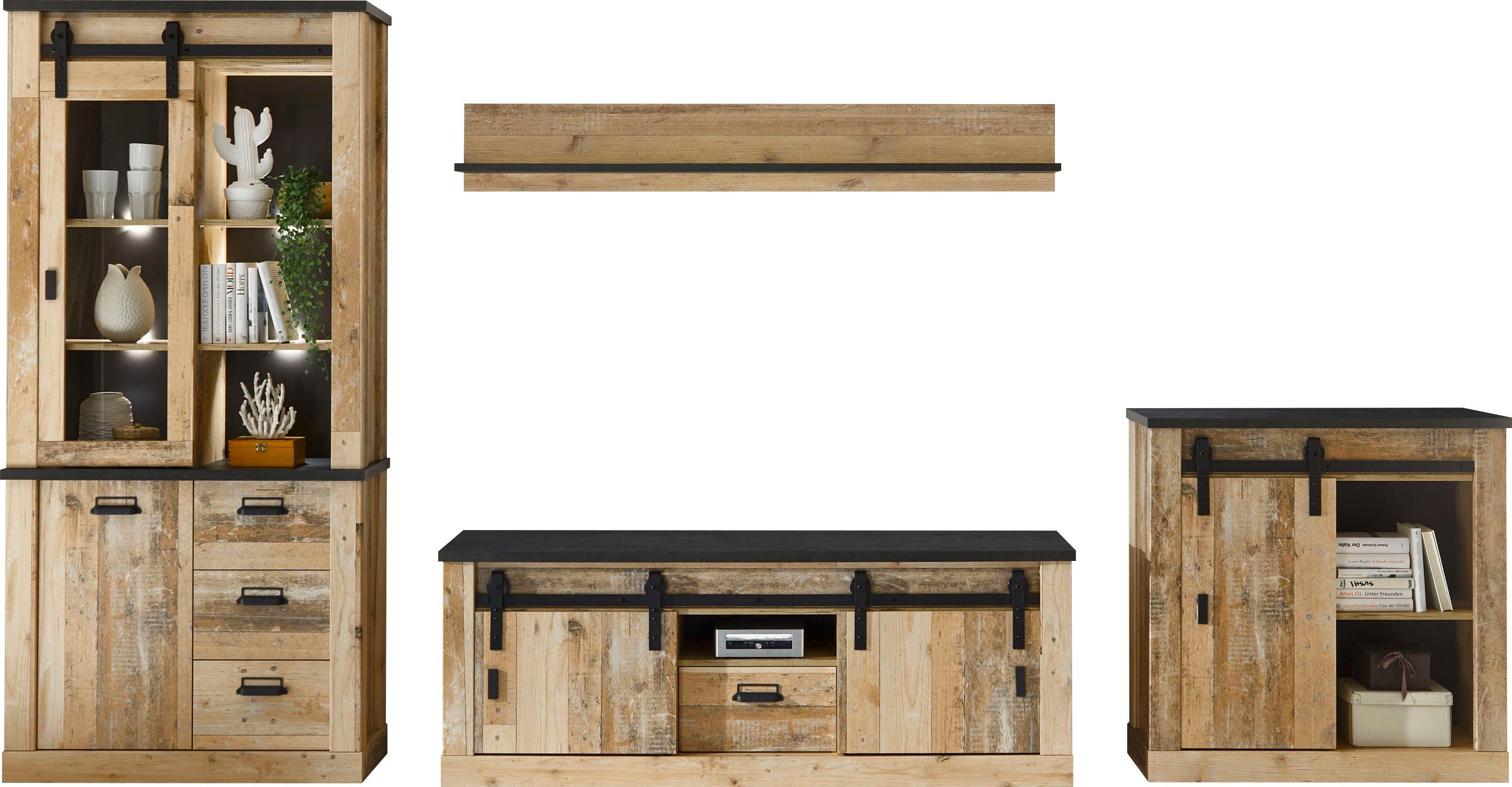 Home affaire Wohnwand SHERWOOD, (4-St), mit Scheunentorbeschlag, Apothekergriffe aus Metall, Breite ca. 388 cm