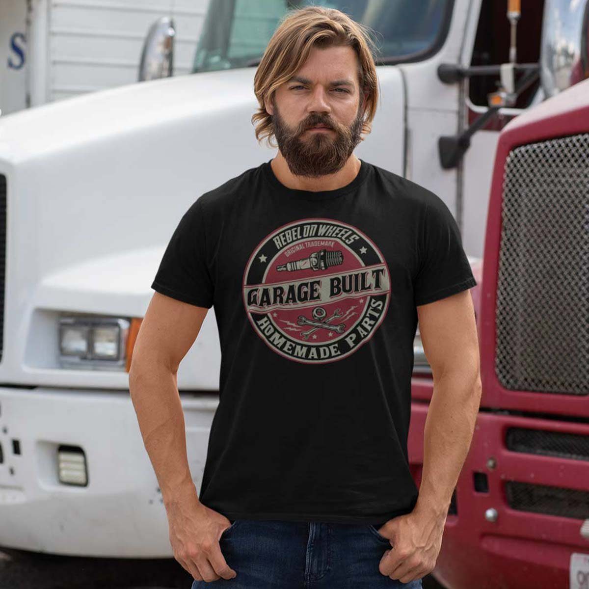 Tee Garage Herren Wheels mit T-Shirt US-Car Braun Auto T-Shirt / Motiv Built On Rebel