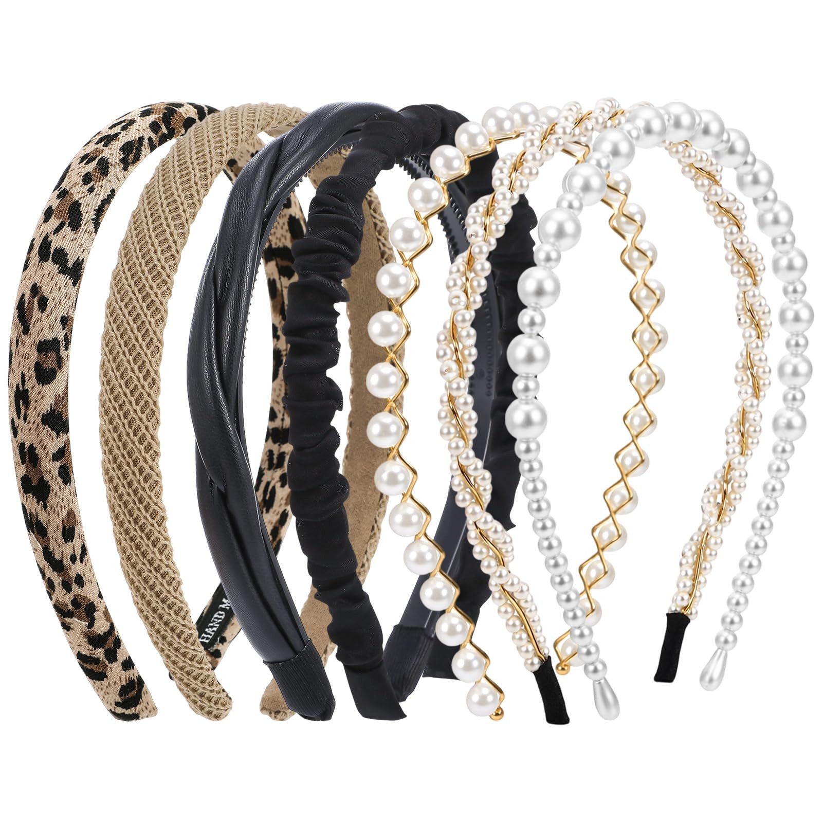 nsihing Haarreif Damen-Perlen-Haarreifen 7er-Set, Leopardenmuster-Perlen-Haarreifen, elastisches Haarband, geeignet für Hochzeiten, Partys und Dates