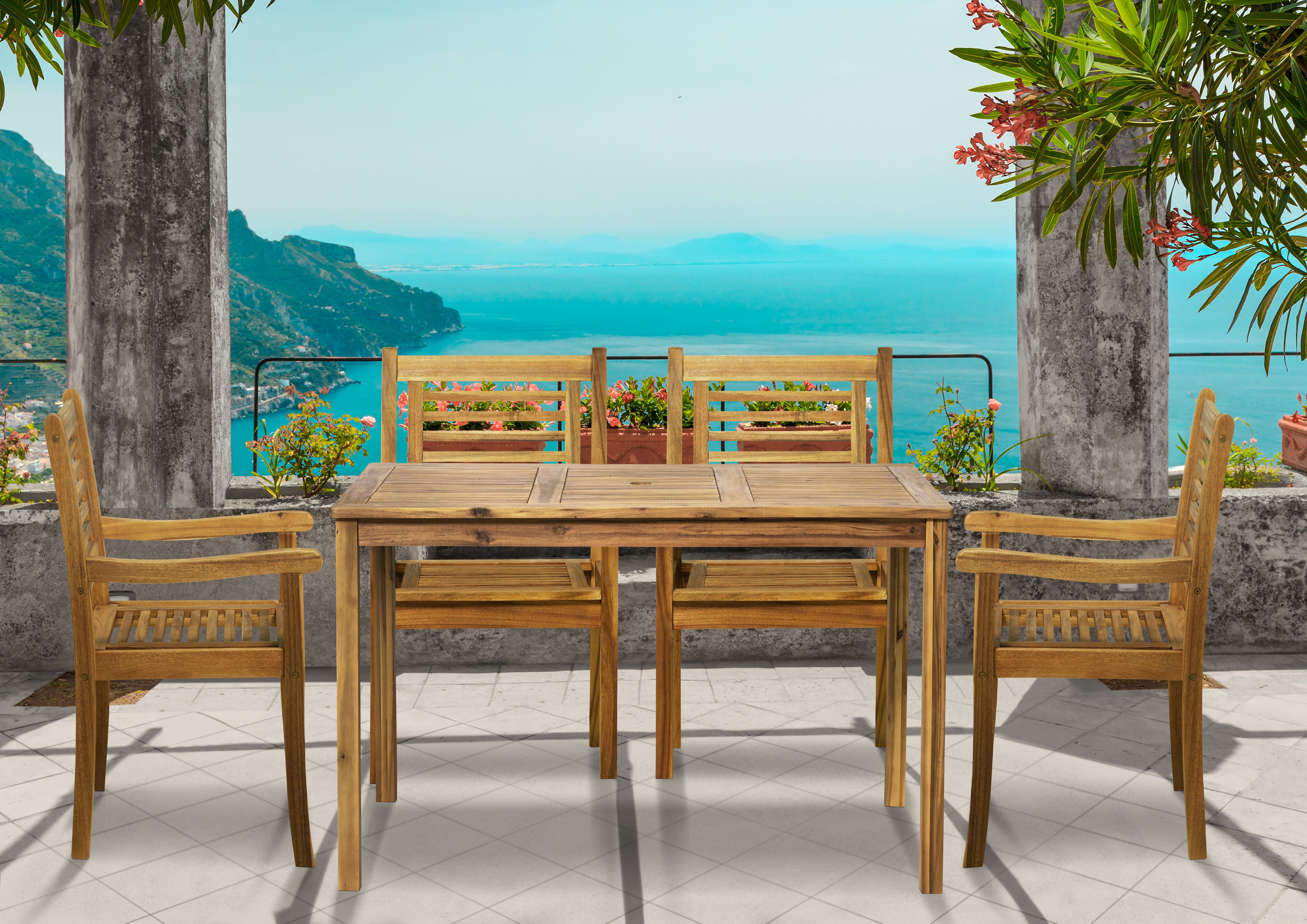 TPFGarden Sitzgruppe AKANA - Gartenessgruppe aus geöltem Akazienholz, (Gartenesstisch mit Стільціn und Schirmloch, 5-tlg., Balkon Sitzgruppe mit 4 Стільціn und 1 Tisch - Farbe: natur), Maße (BxHxT): Стільці 58x92x68 - Tisch 135x74x80 - Sitzhöhe: 44 cm