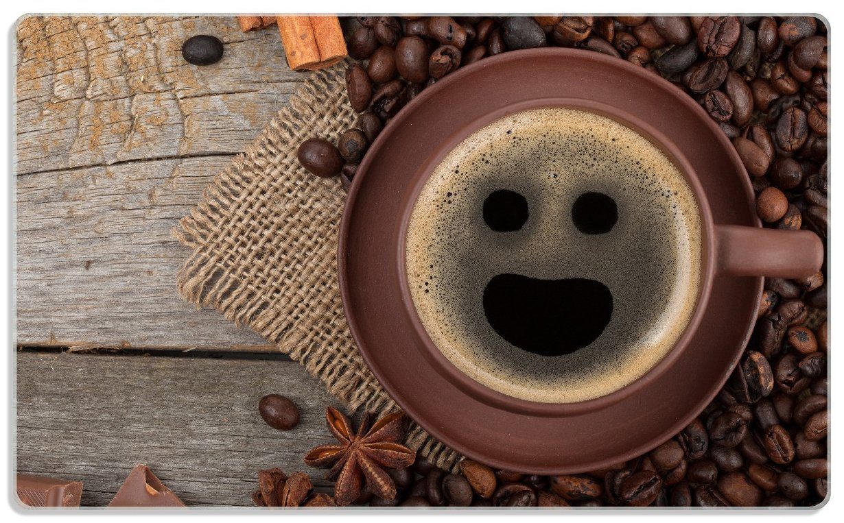 Wallario Frühstücksbrett Lustige Kaffeetasse mit ESG-Sicherheitsglas, Gummifüße und (inkl. einem - 14x23cm Zimt, 4mm, rutschfester Lächeln 1-St), Kaffeebohnen
