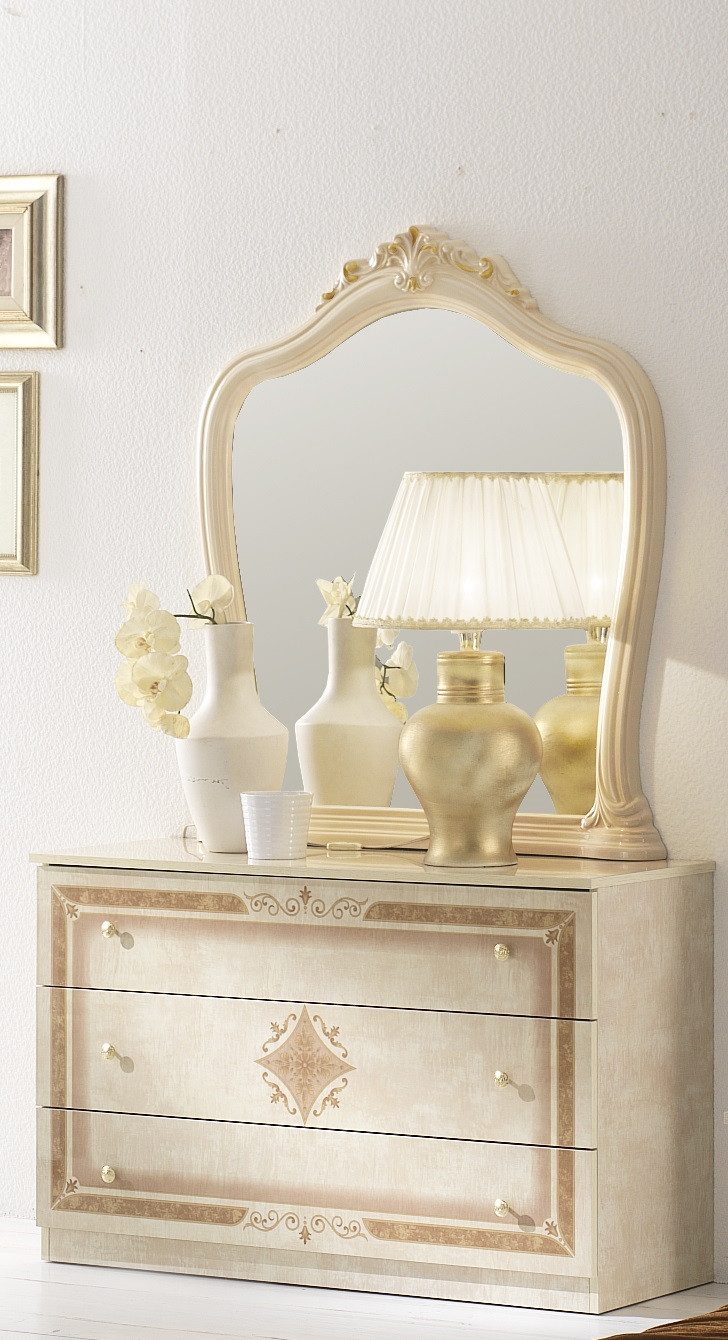 Interdesign24 Kommode Livia (mit 3 Schubladen und goldfarbenen Verzierungen), in Beige Hochglanz