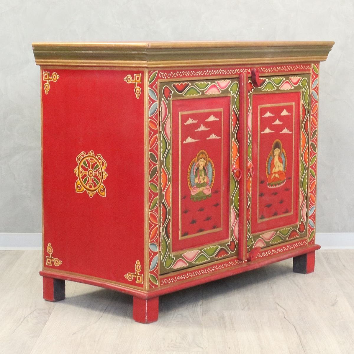 Oriental Galerie Mehrzweckschrank Handarbeit Rot Wandschrank Tibet cm - Grün 76 Kunzang