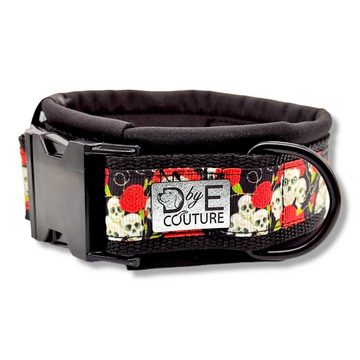 D by E Couture Hunde-Halsband "Skulls & Roses I", gepolstert, verstellbar, 50mm breit, Handmade