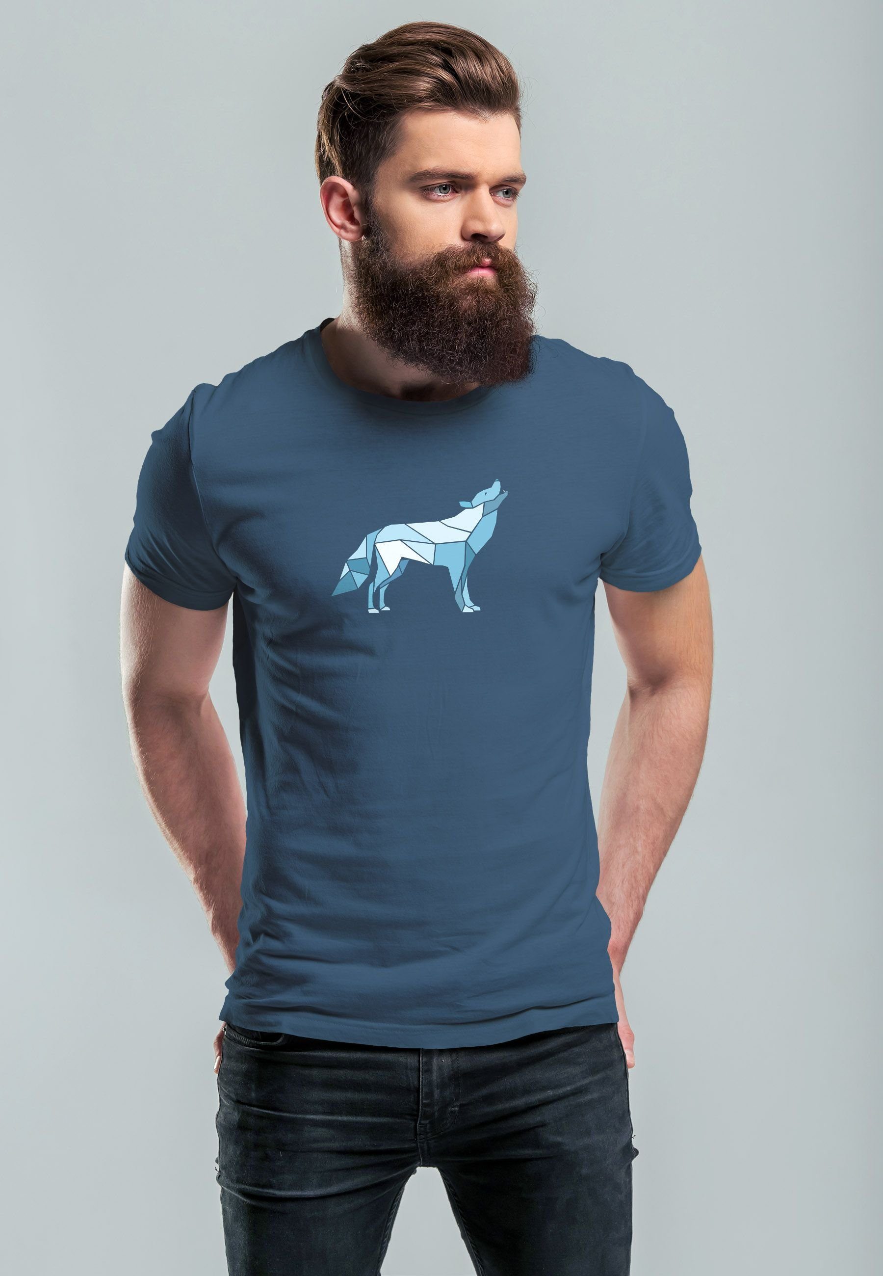 Neverless mit Tiermotiv denim blue Print-Shirt Herren Polygon Wolf Fashion Print Bedruckt T-Shirt Outdoor Grafik