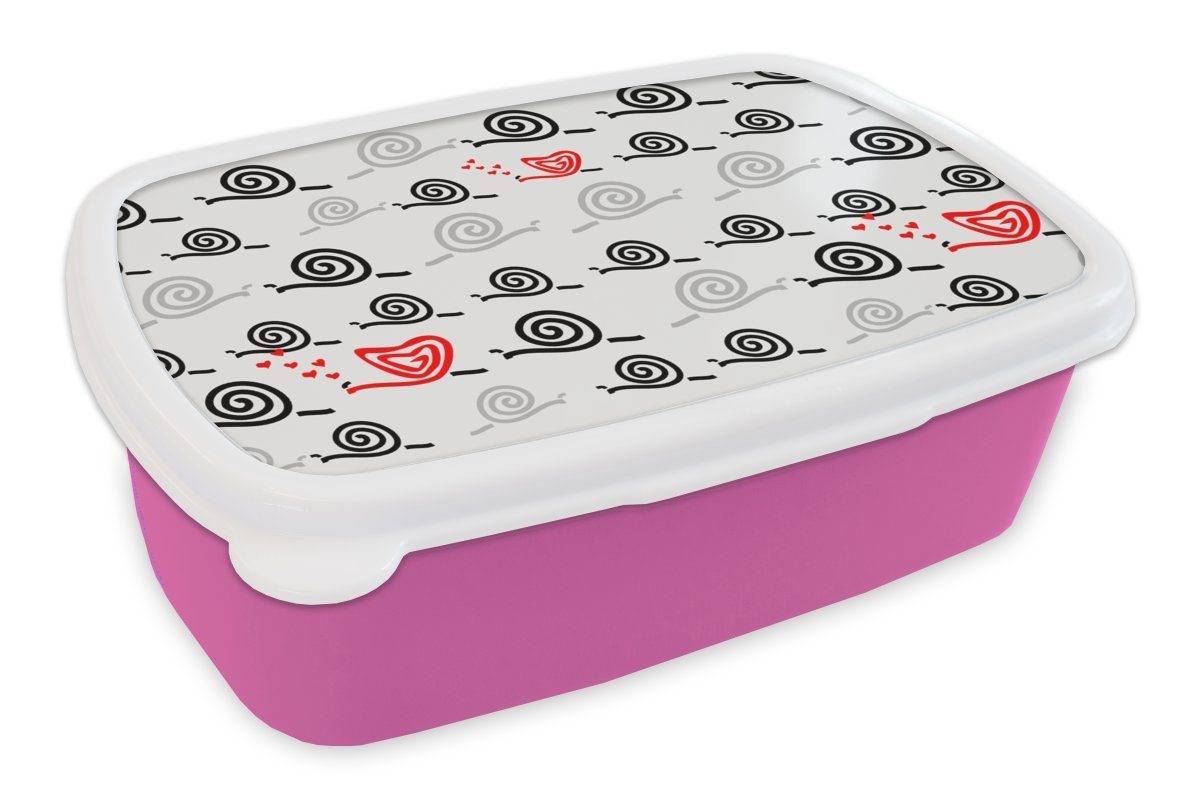 MuchoWow Lunchbox Schnecken - Valentinstag - Design, Kunststoff, (2-tlg), Brotbox für Erwachsene, Brotdose Kinder, Snackbox, Mädchen, Kunststoff rosa