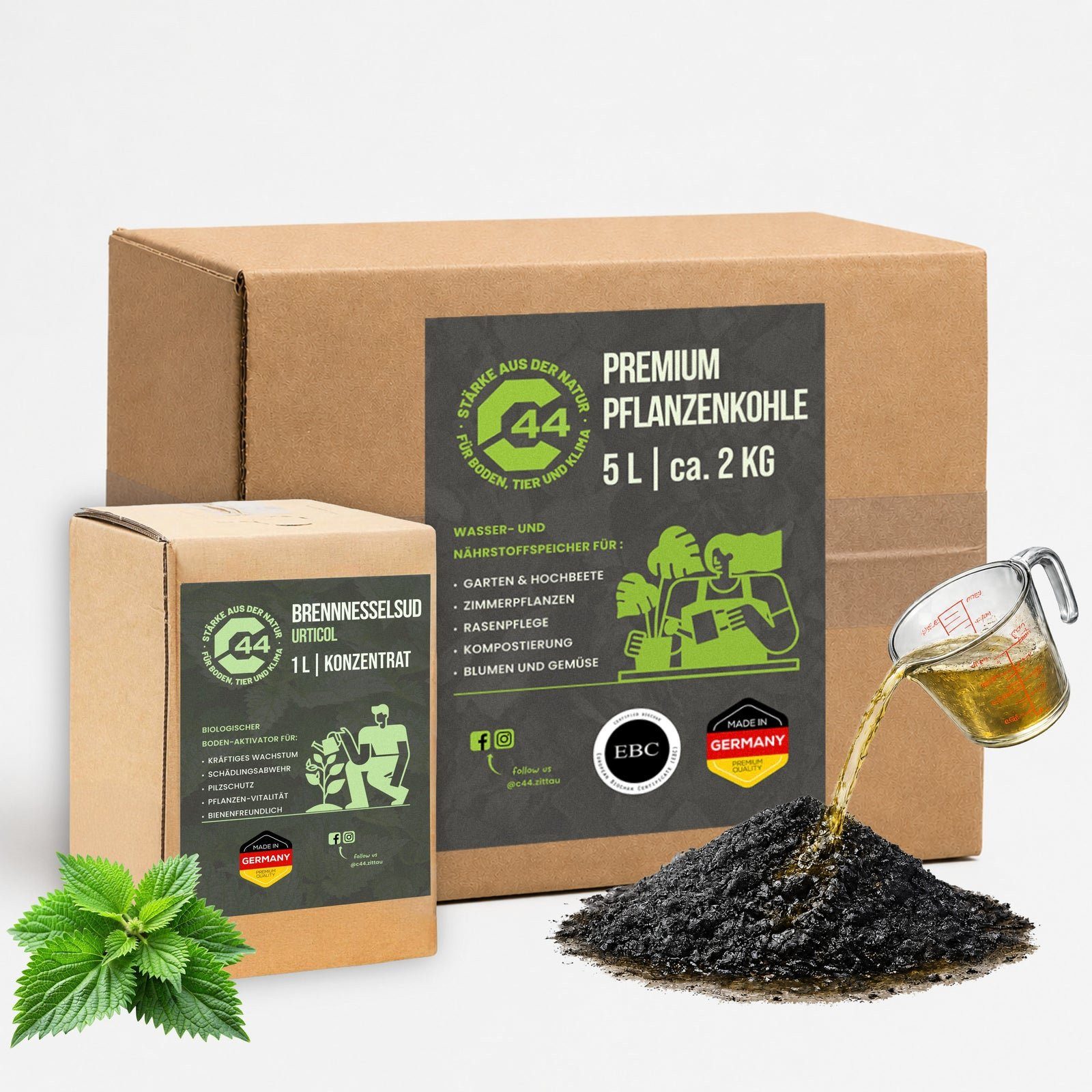 C44-Zittau Bodenverbesserer Pflanzenkohle Biochar Garten Hochbeet Gemüseanbau, EBC-zertifiziert mit Brennnesselsud zur Aktivierung, Set, 2-St., Terra Preta Schwarzerde Bodenverbesserung, 5L Pflanzenkohle + 1L Brennnesselsud