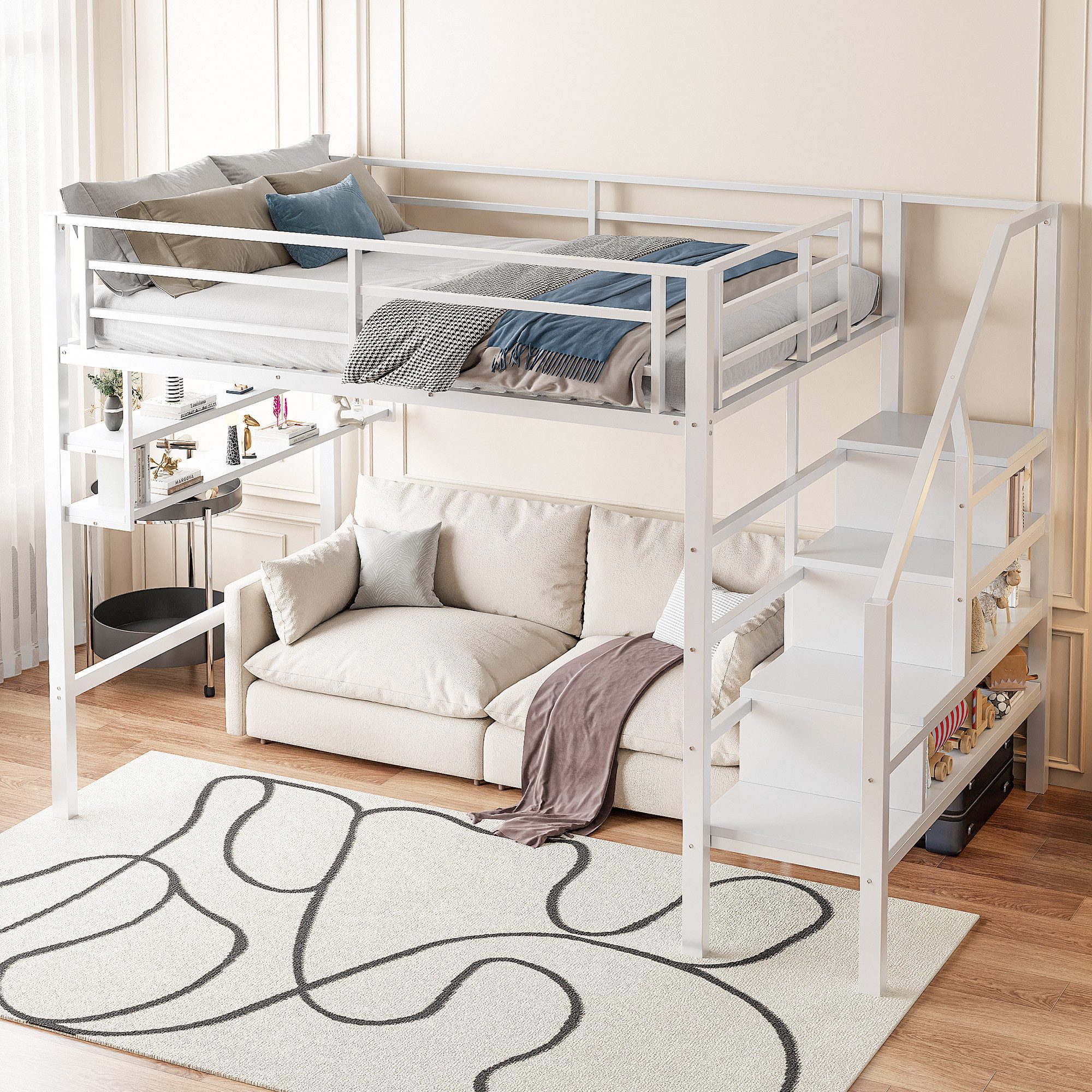 Merax Hochbett (1-St) Kinderbett Metallbett 140x200cm mit Stauraumregalen Treppe Geländer