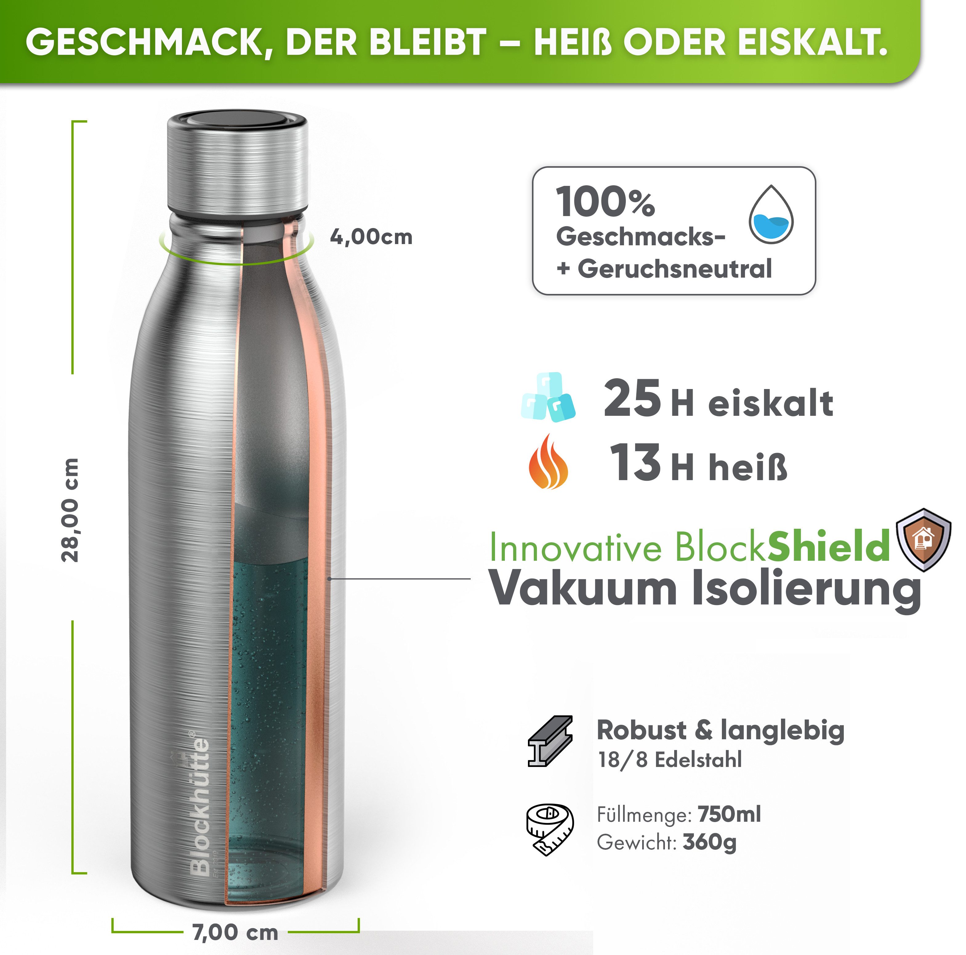 Blockhütte Isolierflasche, Auslaufsicher, Auslaufsicher, 24 Stunden heiß, 24 Stunden kalt