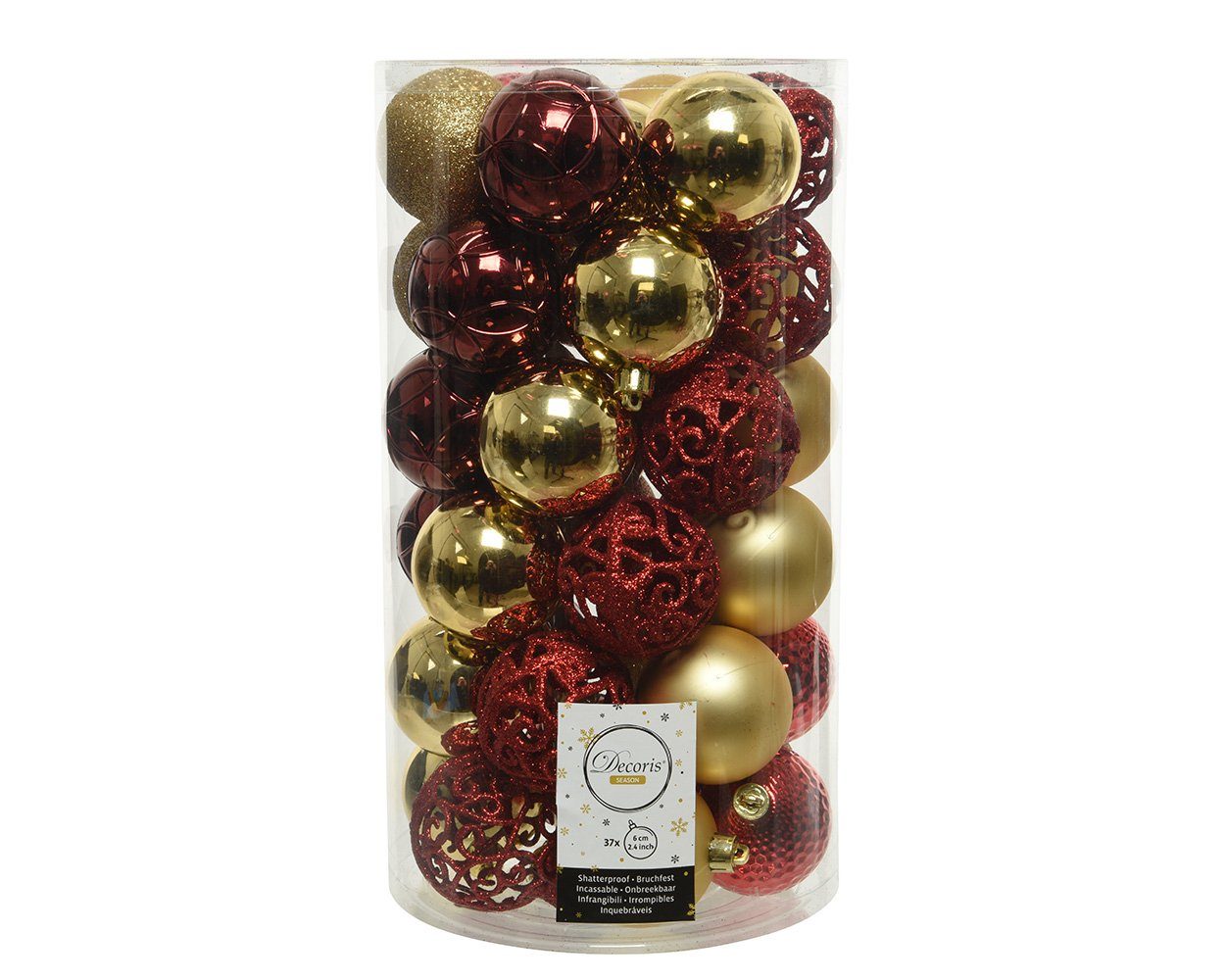 Decoris season decorations Weihnachtsbaumkugel, Weihnachtskugeln Kunststoff Ornamente 6cm rot / gold, 37er Set