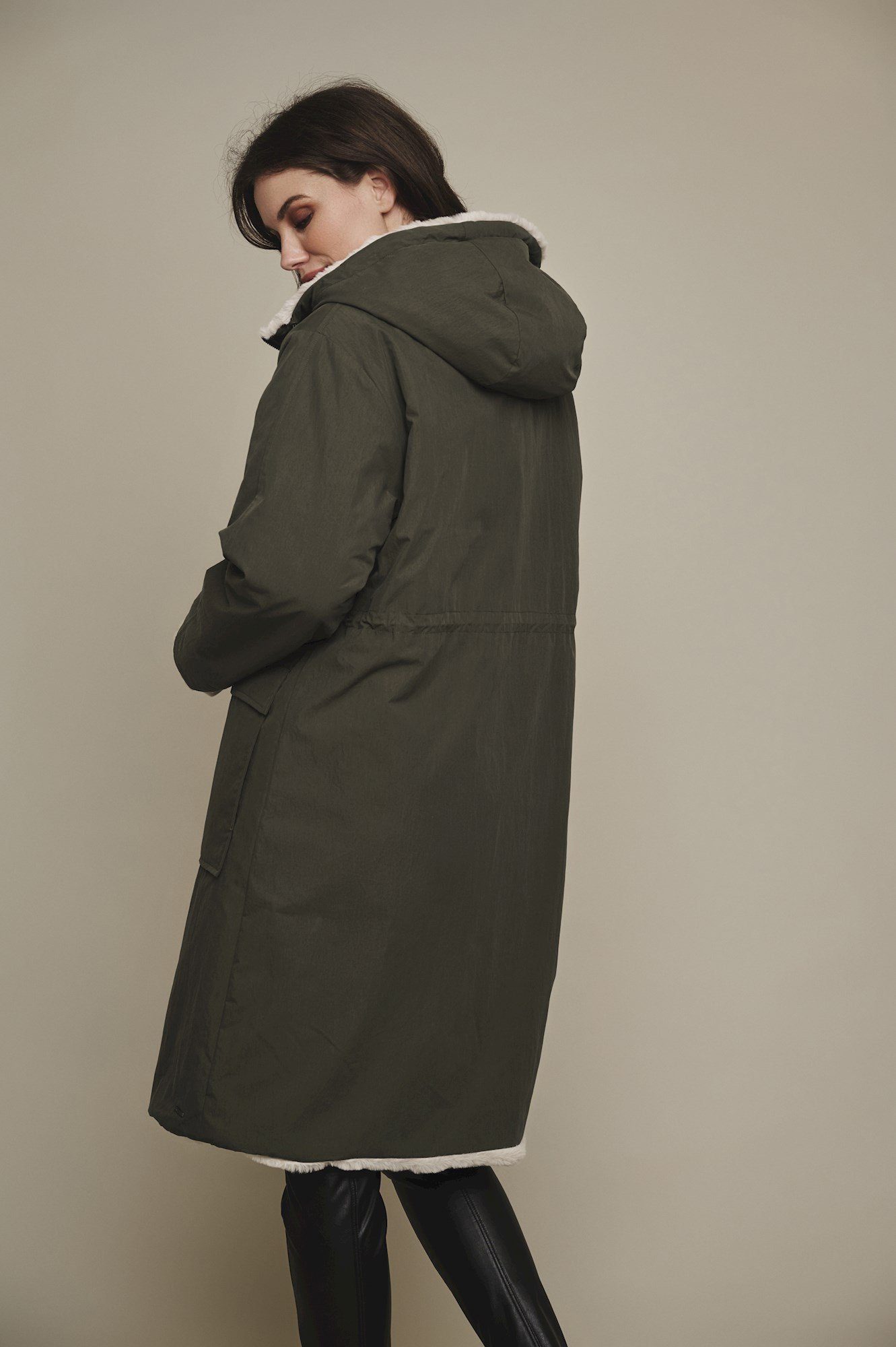 Rino & Pelle Langmantel long and stone Reversible dark olive hooded with lining faux coat fur