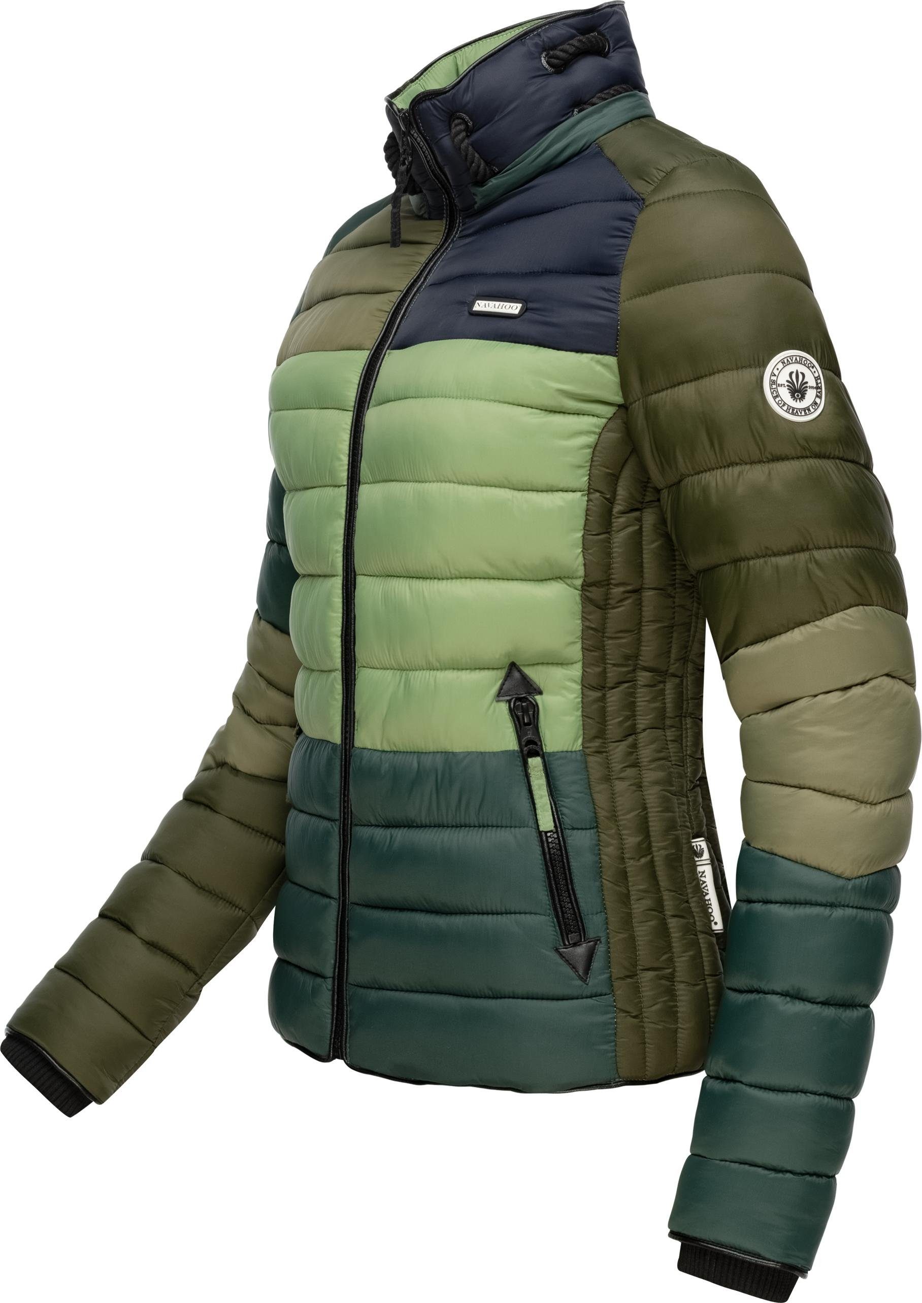 Navahoo Steppjacke Übergangsjacke Stil tannengrün Colourblocking Multikulti im mit Kapuze Lulana leichte