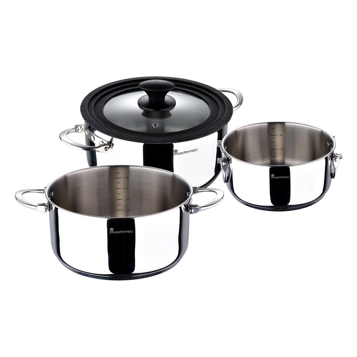 Bergner Topf-Set MASTERPRO Kochtopf-Set Topfset Kochtopfset, Edelstahl  (plazsparendes Kochset, 4-tlg., 3 Kochtöpfe Ø 16/20 und 24 cm + 1  Universaldeckel), Induktion - klappbare Griffe - Töpfe ineinander stapelbar | 