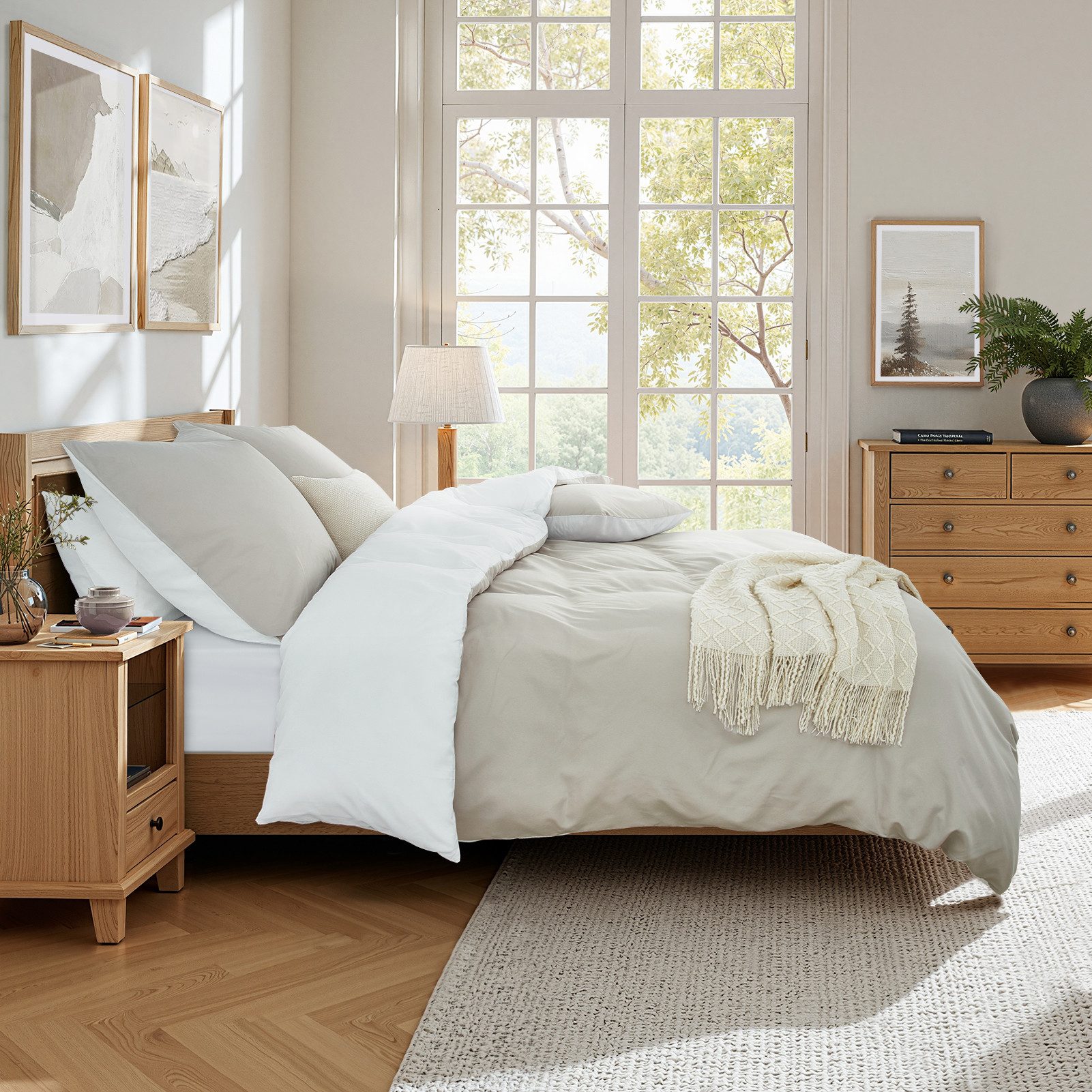 Topfinel Bettwäsche 135x200cm 4 teilig sommerbettwäsche mit reißverschluss bügelfrei, satin, 4 teilig, kühlende bettwäsche 135 x 200 Beige Weiß wendebettwäsche  – Bild 4 von 5