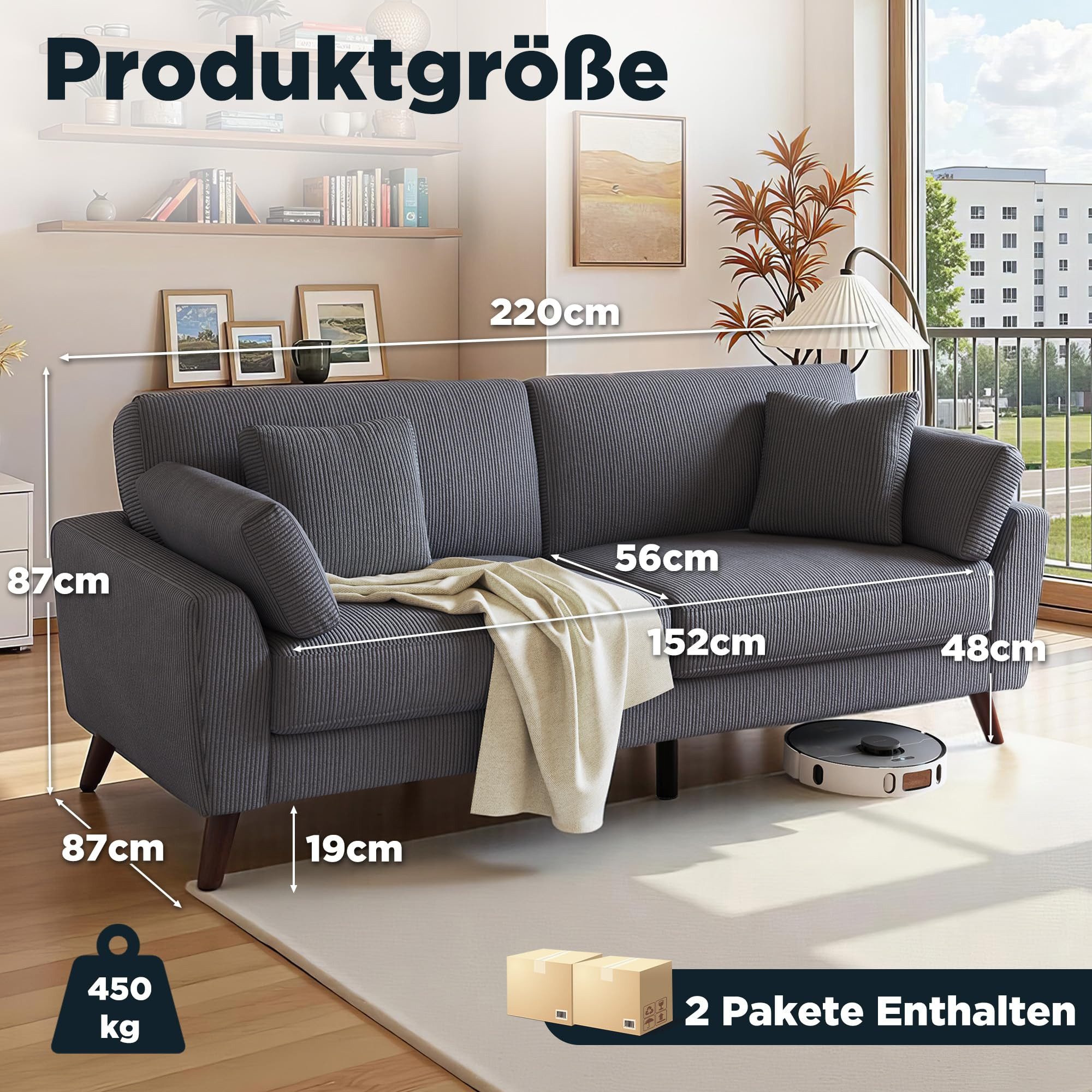 AMERLIFE Big-Sofa 220 cm 2-Sitzer Cord Sofa in Grau, modernes Wohnzimmer Sofa, 1 Teile, 19 cm Beine, Belastbar bis 450 kg – Bild 2 von 5