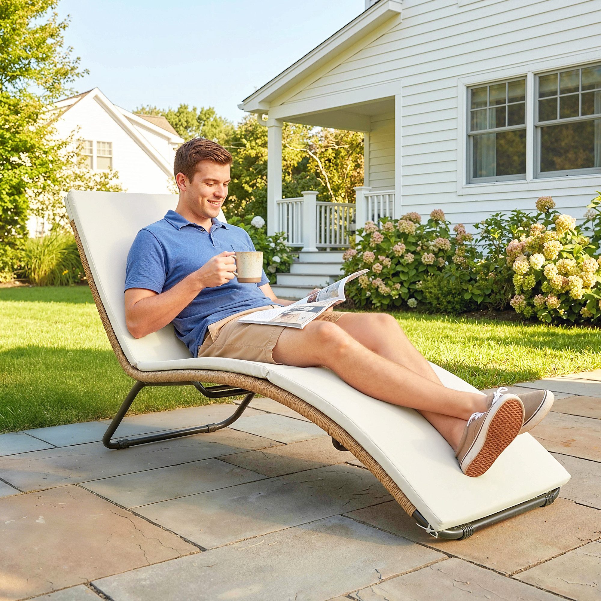 Outsunny Gartenliege Poly Rattan S-förmige Liege mit Auflage, UV-beständig, Relaxliege, 1 St., Sonnenliege, für Garten Terrasse Pool Cremeweiß