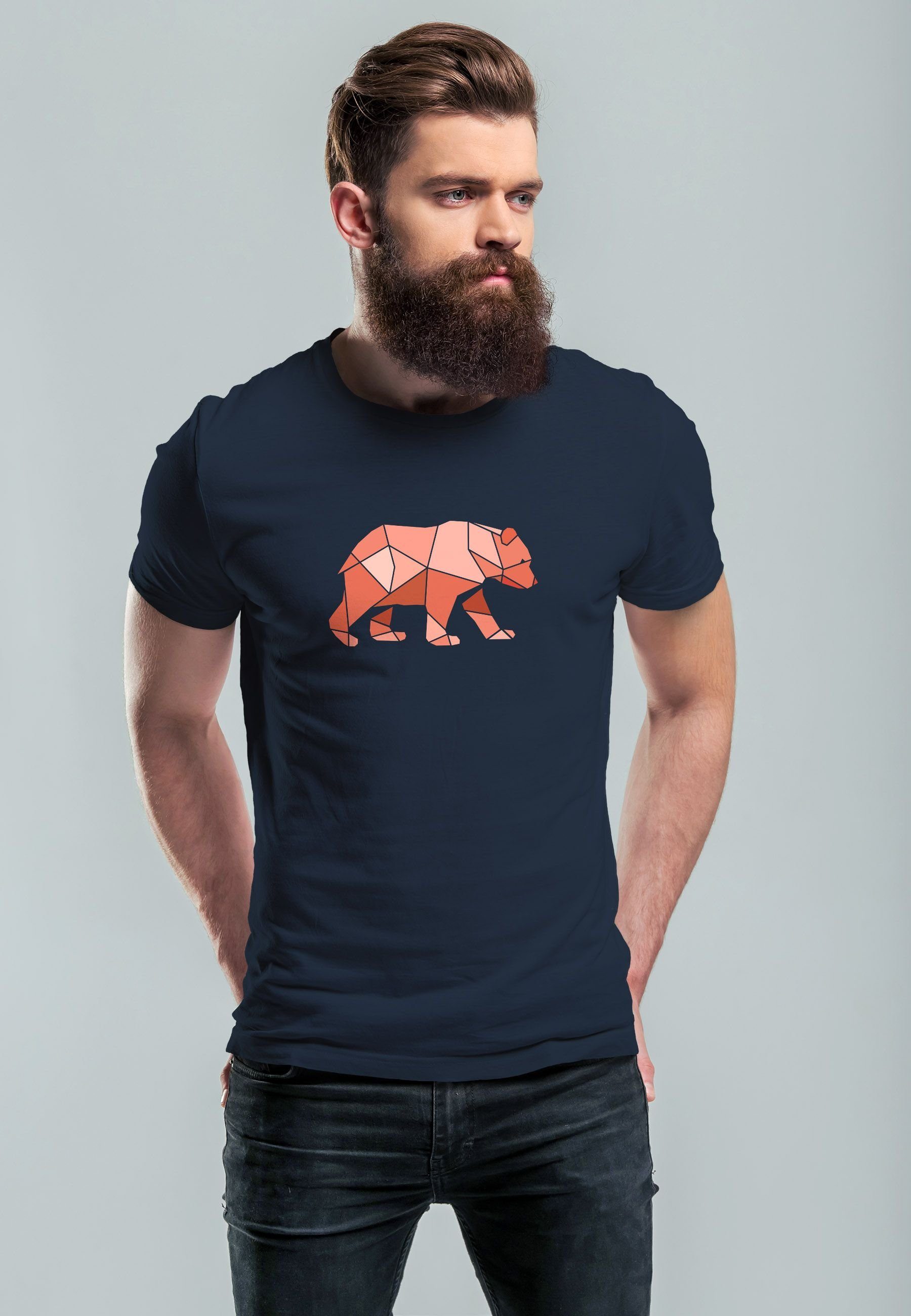 Neverless Fash Polygon Motive Grafik Natur mit navy Herren T-Shirt Print Printshirt Bär Outdoor Print-Shirt