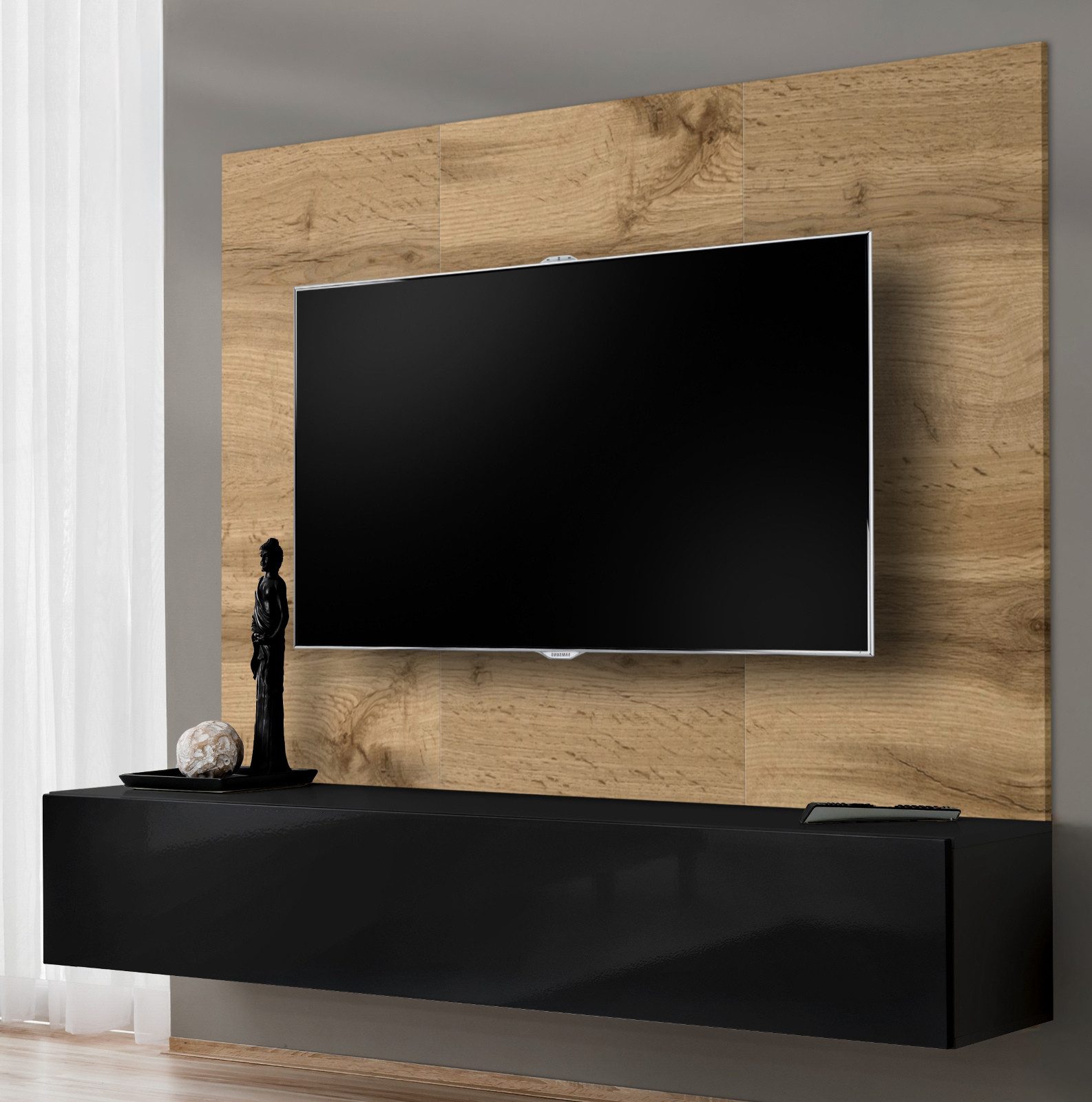 Inn.Furn Lowboard Public (Set TV Unterschrank schwarz mit Wandpaneel in Wotan Eiche, 2 St., 180 x 148 cm), Push-To-Open und Öffnungsdämpfung