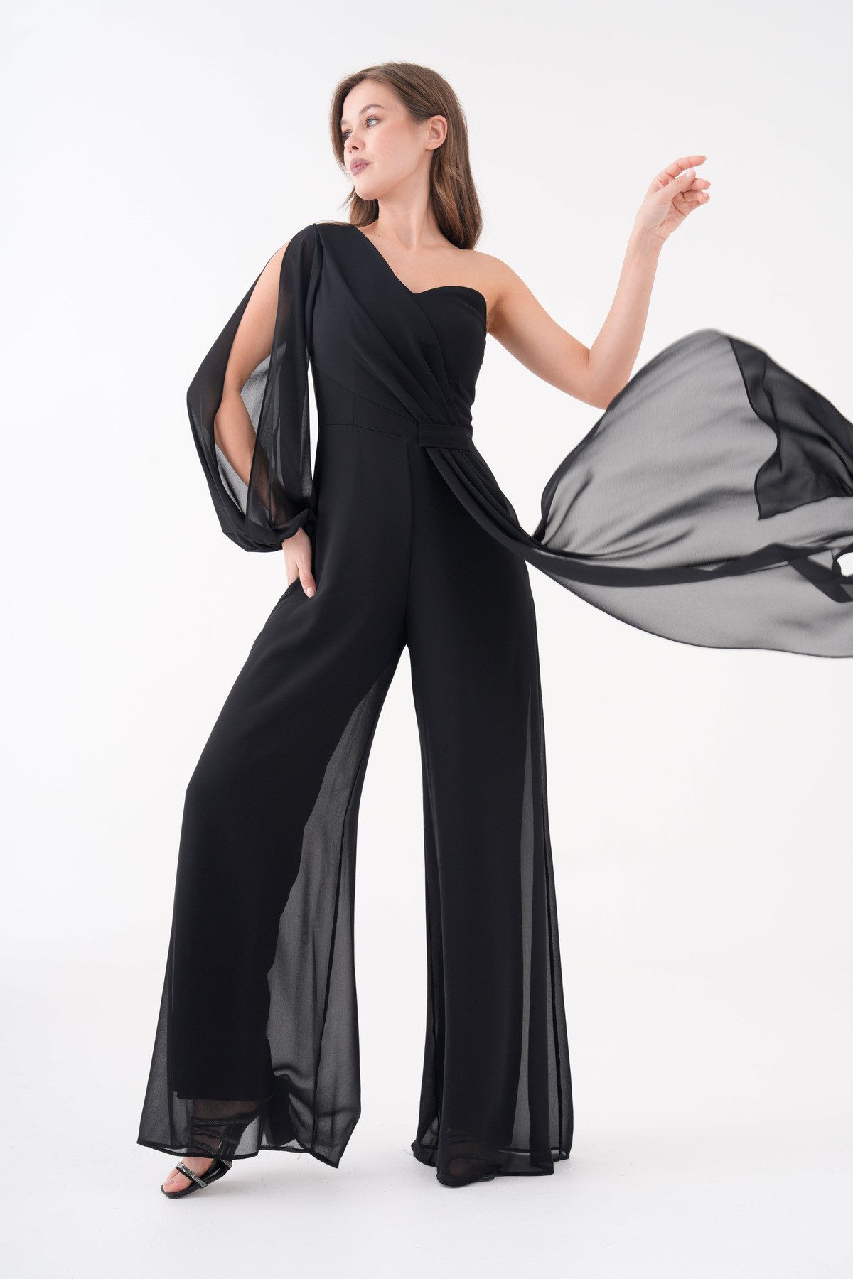 WOMAN VISION Abendkleid Schwarzes Chiffon-Abendkleid mit Gürteldetail, weitem Bein und einem Ä – Bild 5 von 5