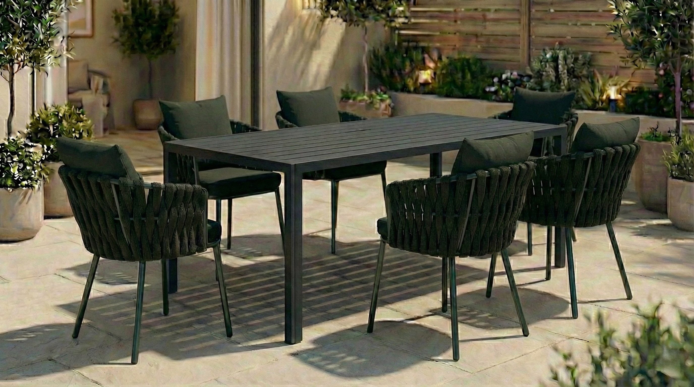 MCW Garten-Essgruppe Garten Alu Essgruppe Outdoor mit 180cm Tisch und 6 Geflecht Stühlen