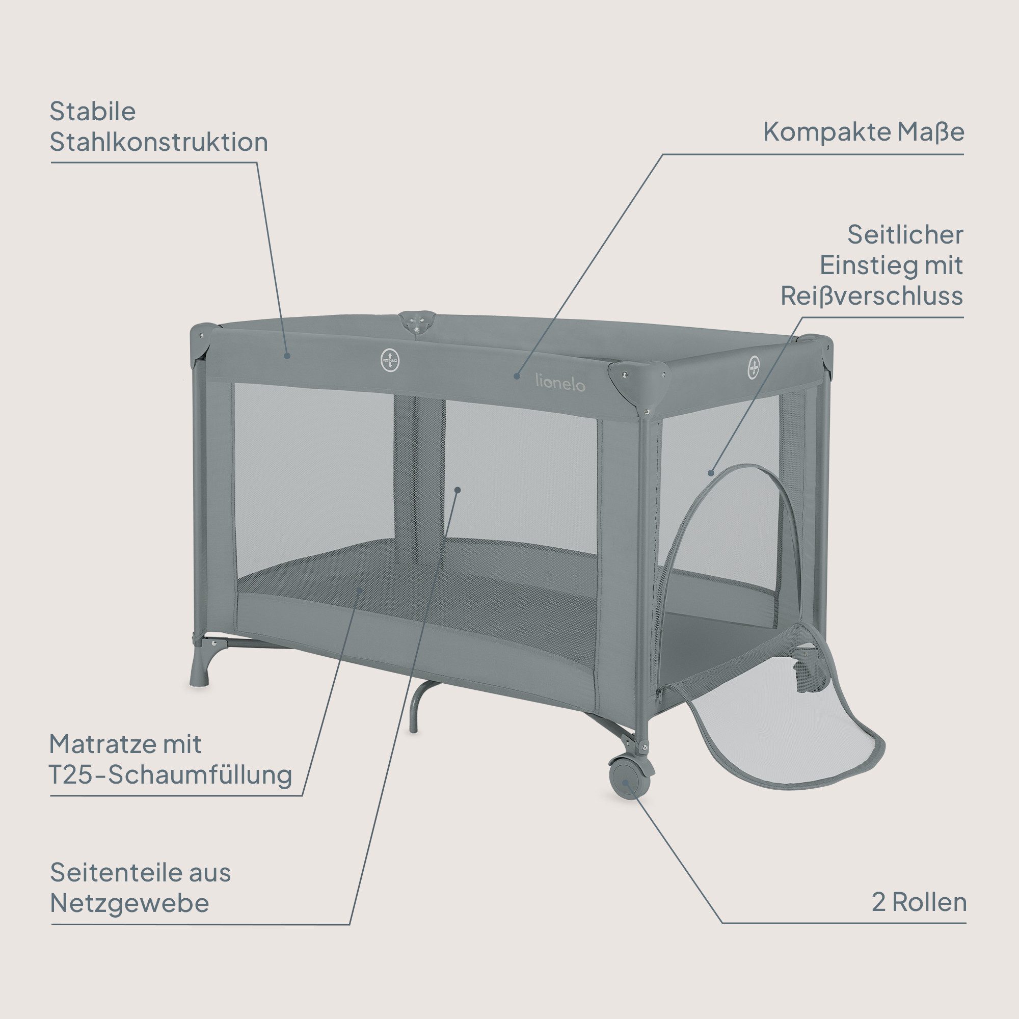lionelo Reisebett AMELIE (Set, Reisebett / 2-cm-Matratze / Tragetasche) Kompakt/leicht/2cmMatratze/Seiteneingang/Netzseiten