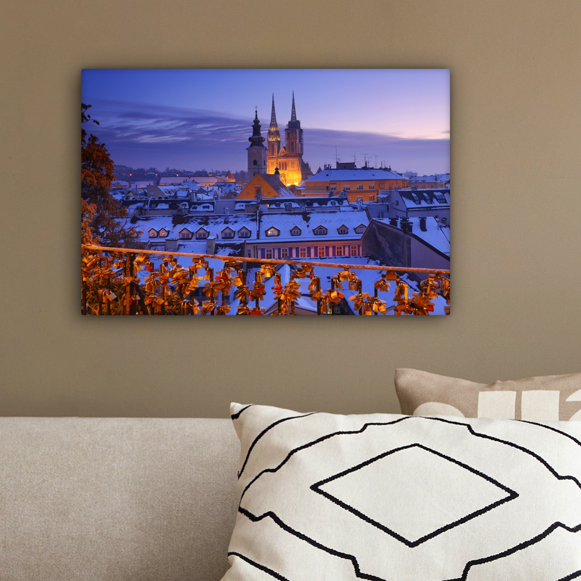 OneMillionCanvasses® Leinwandbild Gebäude - 30x20 St), Wanddeko, Wandbild Aufhängefertig, - Nacht cm Schnee (1 Kroatien, - Leinwandbilder