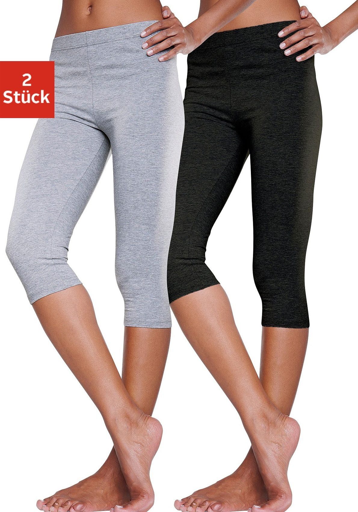 vivance active Caprileggings (2er-Pack) mit Gummibund, Loungewear hellgrau-meliert, schwarz