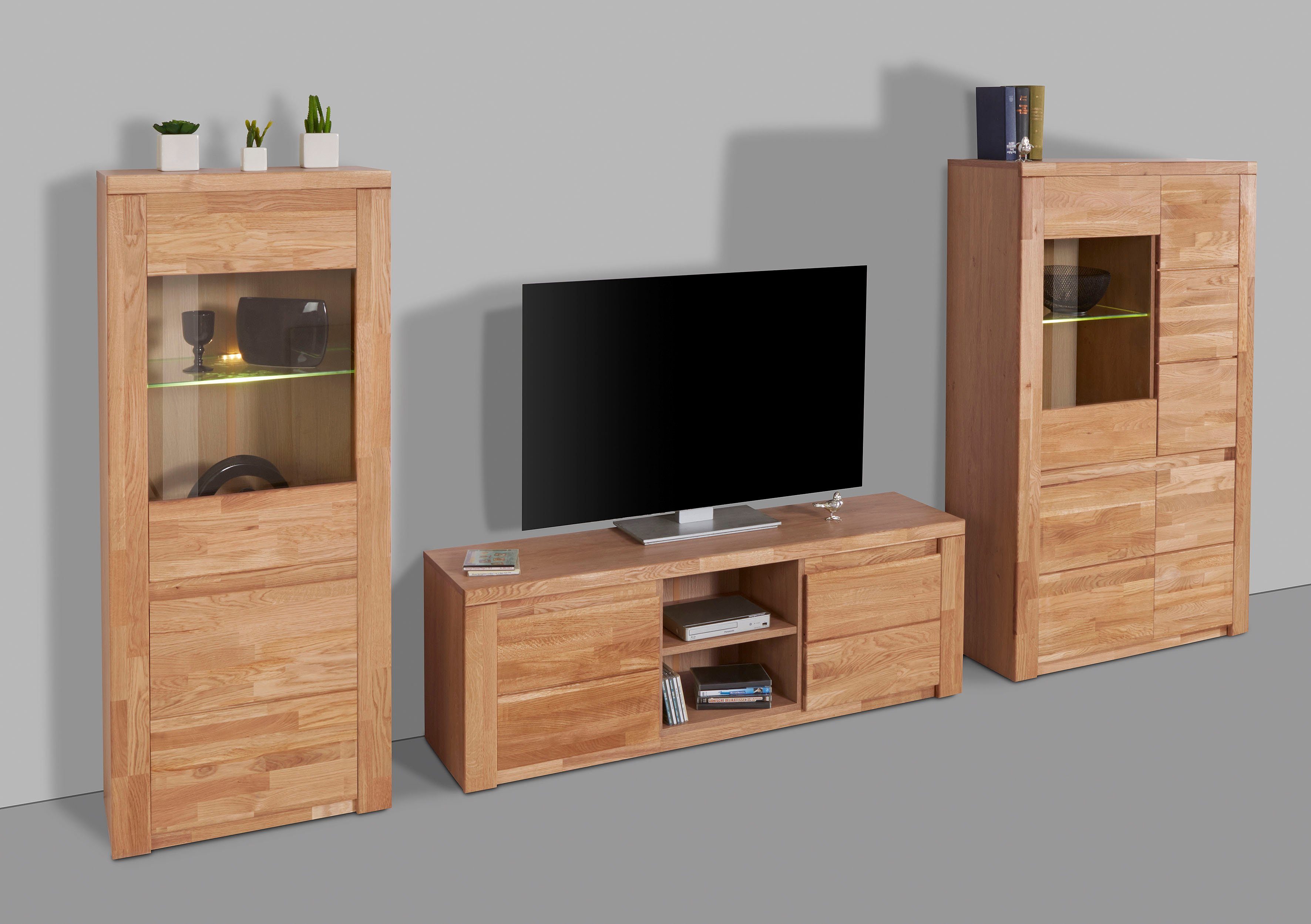 OTTO home Wohnwand BURANO 3-teilig, Lowboard mit Kabeldurchführung, 290cm Breite, (Set, 3-St), Fronten aus Massivholz, Korpus aus Melamin, verstellbare Einlegeboden