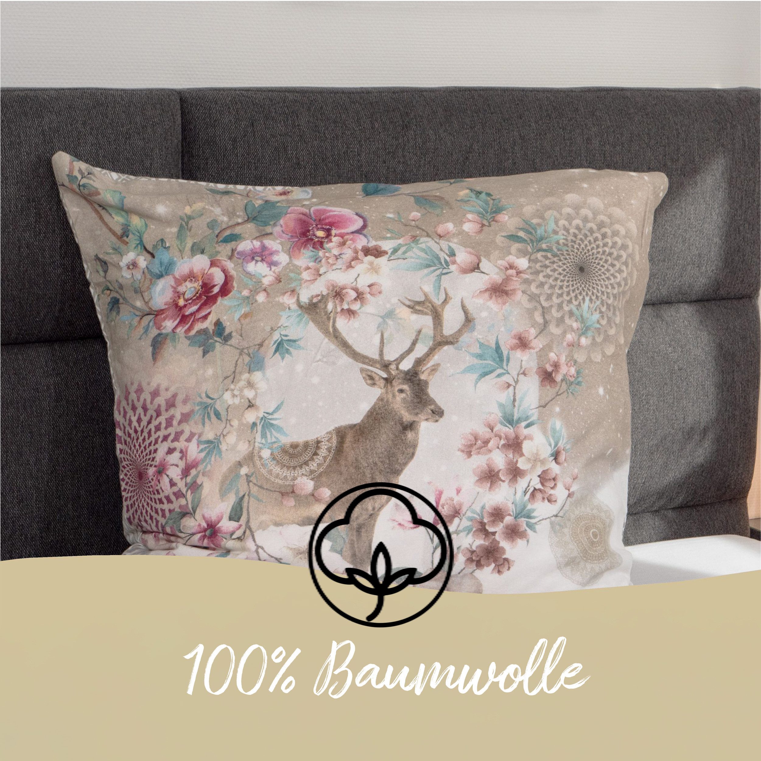 Traumschloss Bettwäsche Comfort Baumwolle, Flanell, 2 teilig, winterlicher Hirsch mit Mandalas und Blumen – Bild 4 von 5