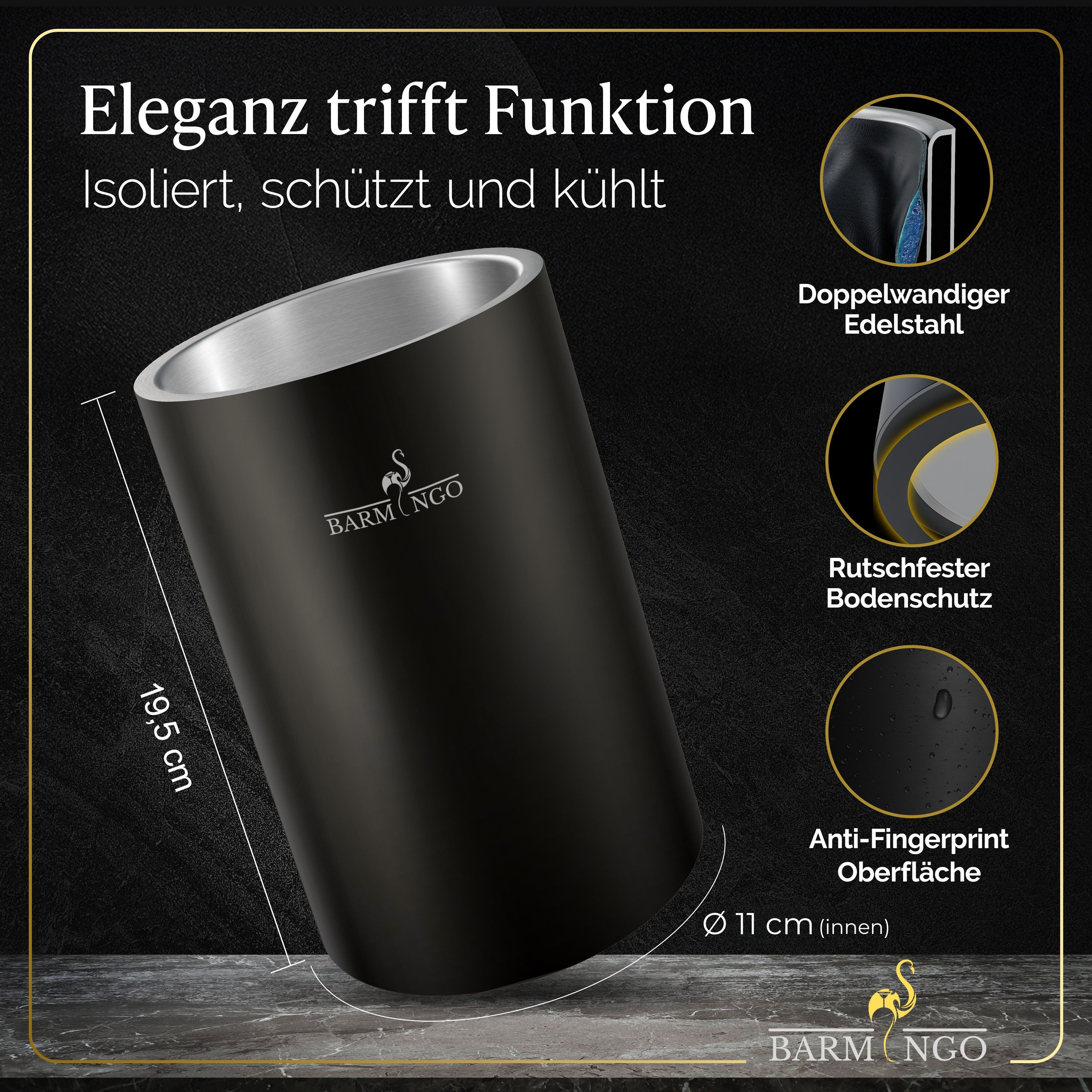 BARMINGO Wein- und Sektkühler Edelstahl mit 2 Kühlmanschetten, Weinflaschenkühler & Getränkekühler, doppelwandiger Flaschenkühler für Wein, Sekt & Champagner