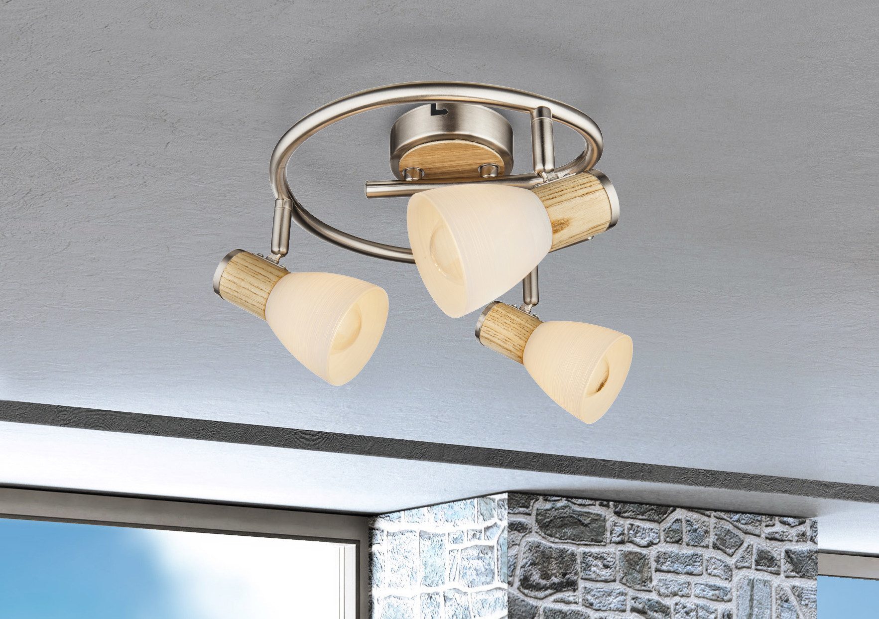 GLOBO LIGHTING Deckenspot GYLFI, ohne Leuchtmittel, Strahler Nickel/Holz, Opal/Glas gestreift, E14