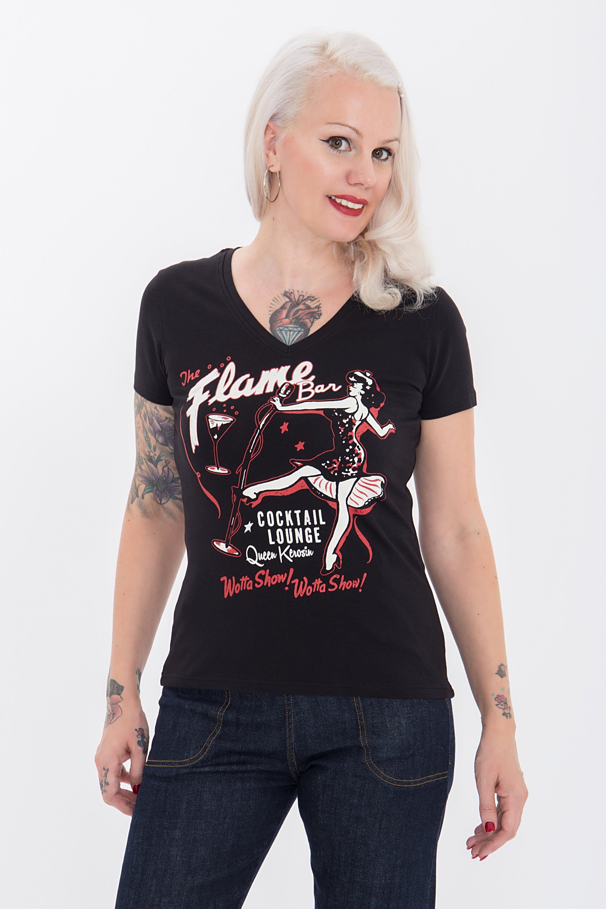 QueenKerosin T-Shirt Flame Bar mit coolem Retro-Print