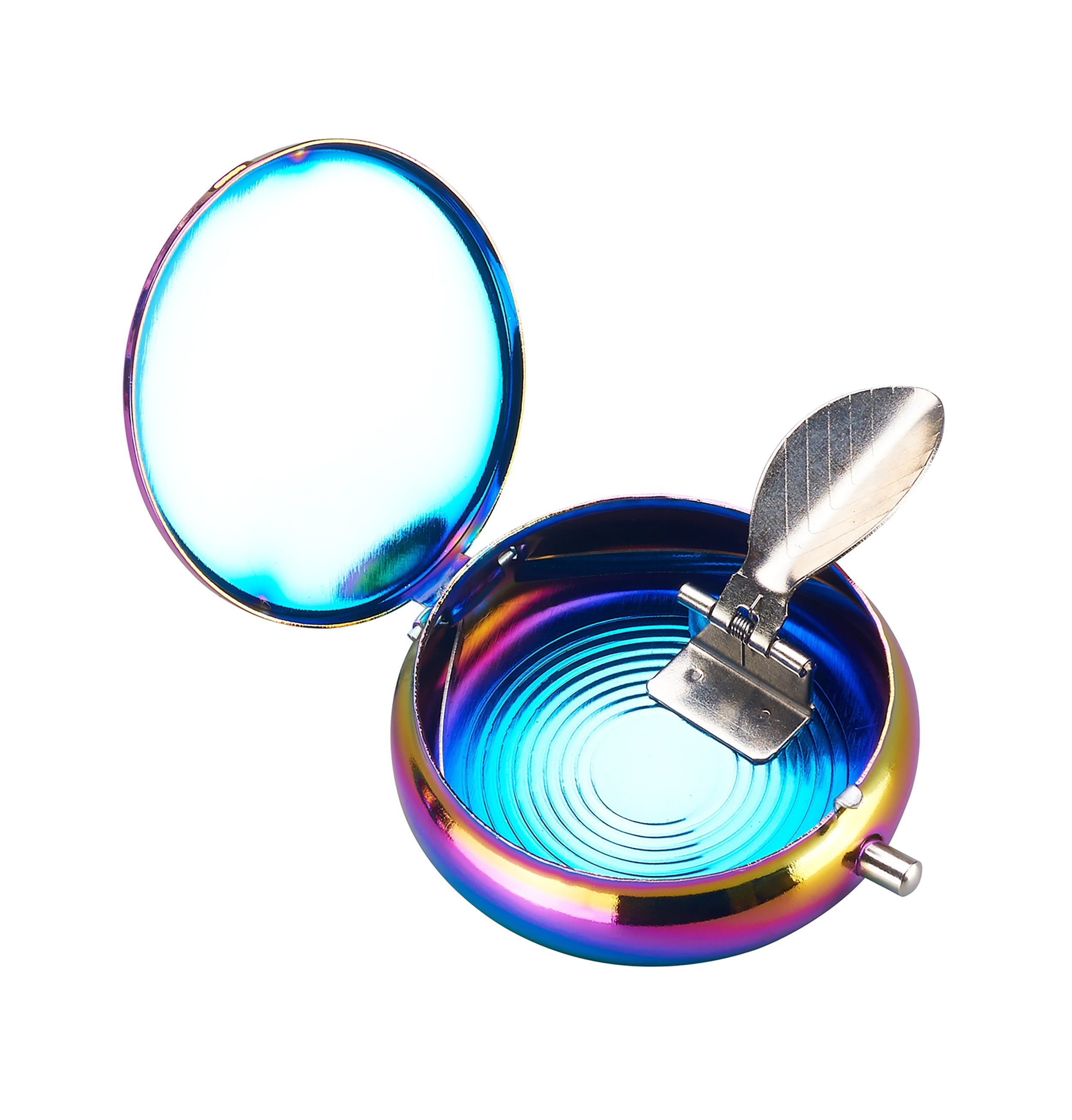 CHAMP Aschenbecher Taschen ASCHENBECHER "Rainbow" Ø5,5cm Deckel Metall rund 06 (Blau), mini Ablagefläche Reiseaschenbecher Taschenaschenbecher Reise Outdoor