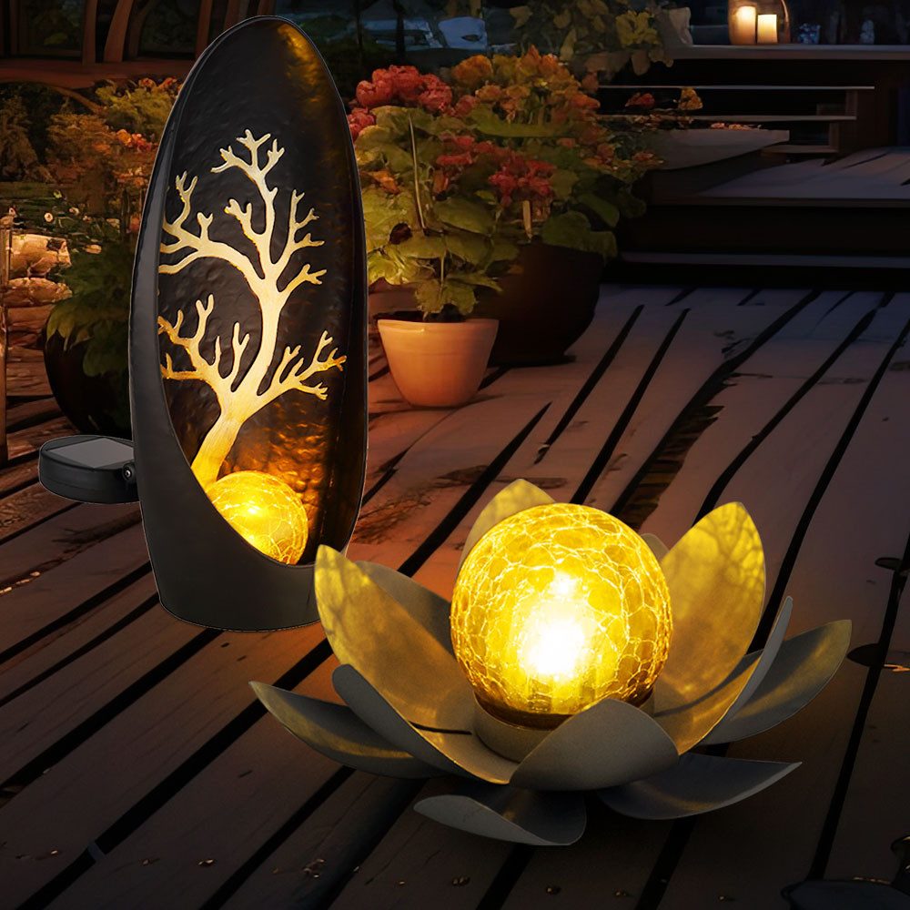 GLOBO LIGHTING LED Solarleuchte, LED-Leuchtmittel fest verbaut, Warmweiß, Solarlampe Außenleuchte Crackleglas amber Lotusblume LED Baummotiv
