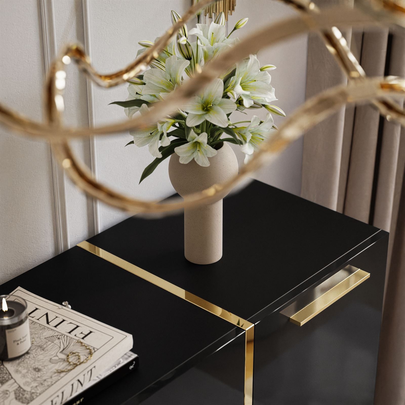yourhouse24 Kommode ONYX Sideboard Hochglanz Push-Open / Goldgriffe 158 cm