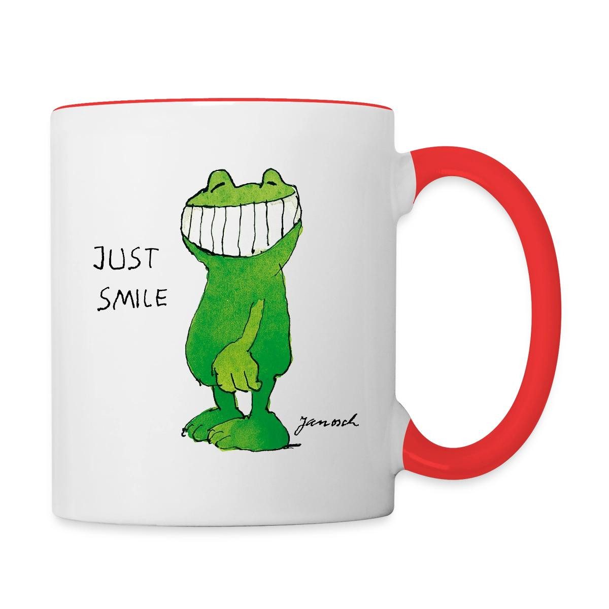 Spreadshirt Tasse Janosch Günter Kastenfrosch Just Smile Tasse Zweifarbig, Keramik