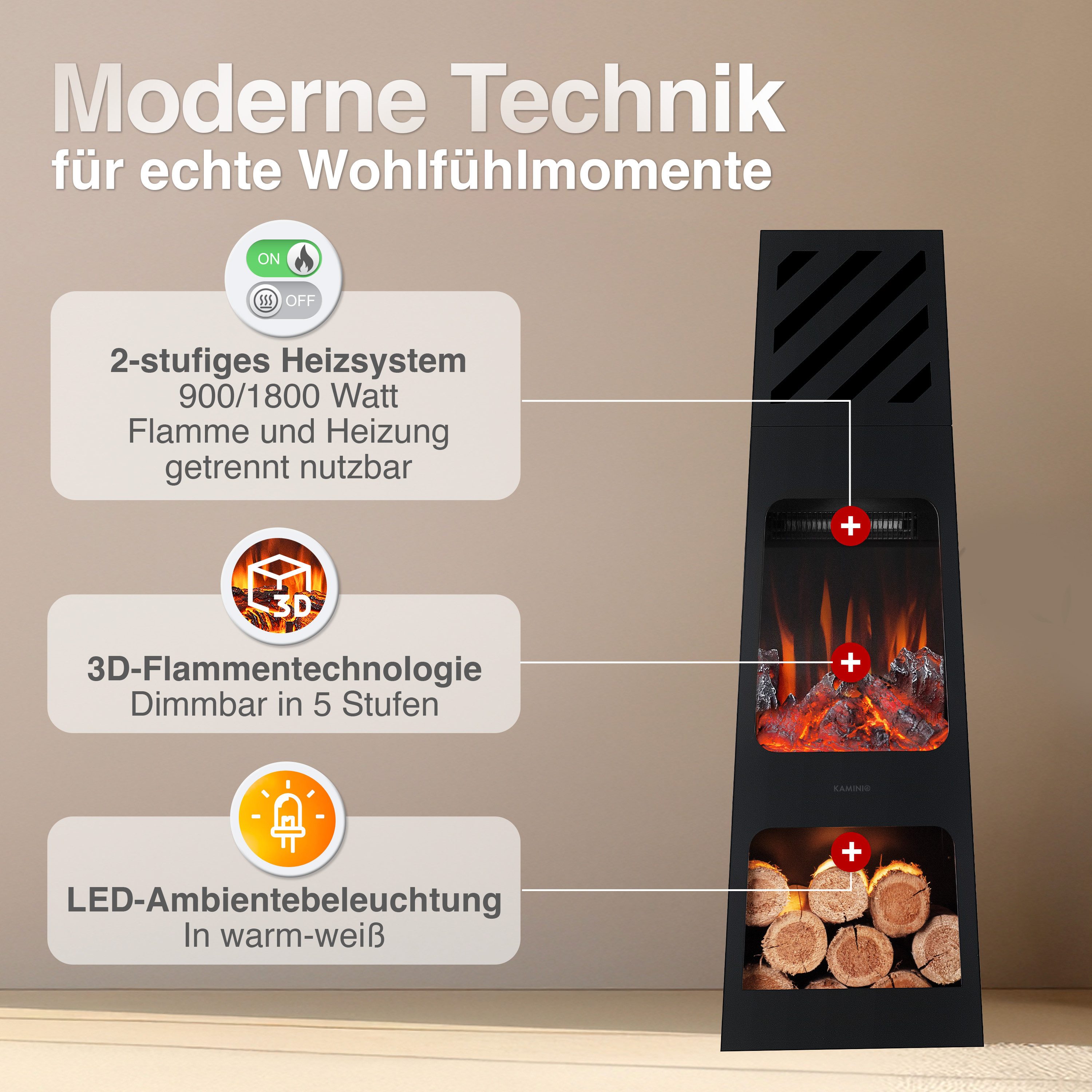 KAMINIO Gartenkamin KAI, 3D-Flammeneffekt, Intelligente 2-Stufen-Heizung