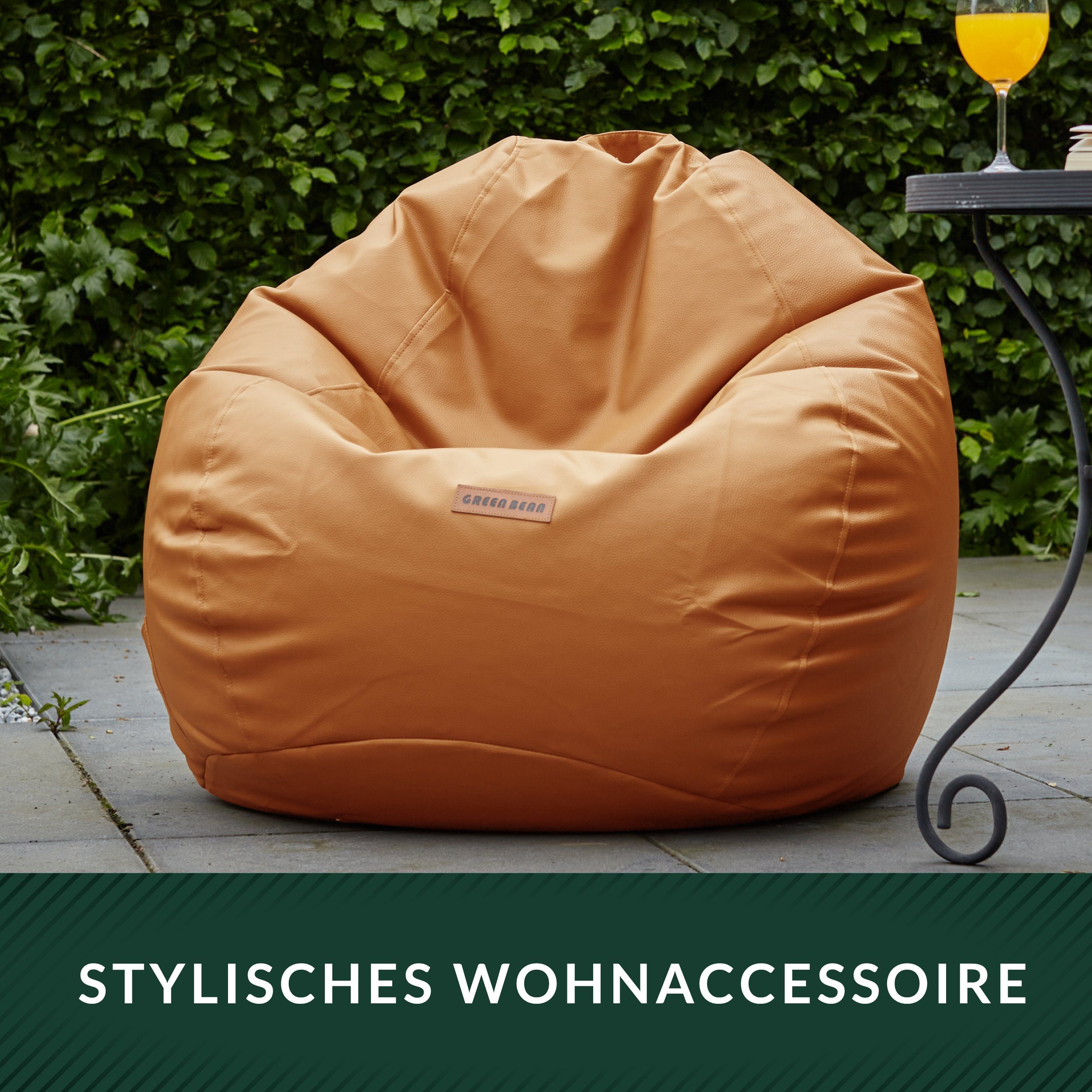 und Stay Kissen aus Lounge Farben verschiedene Green Couch Outdoor, (Indoor Bean + Cognac Pouf Fußschemel 3x Riesensitzsack Kombinationen), Set / XXL als Sitzsack Kunstleder Gamingstuhl Hocker Chair