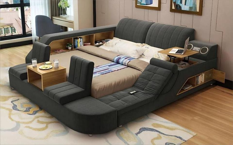Xlmoebel (6HMOZBOU) Multimediabett Graues Multifunktionsbett mit USB-Anschluss von XLMOEBEL (Multimediabett, 1-tlg., Multifunktionsbett mit USB-Anschluss), Made in Europa