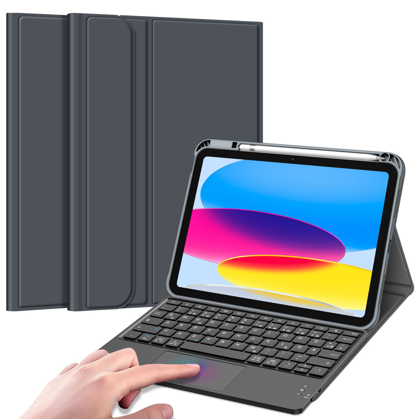 Fintie Tablet-Hülle für iPad 11. Generation 2025 11"(A16), iPad 10. Generation 2022 10.9", mit magnetischer Abnehmbarer Deutscher Touchpad Tastatur-QWERTZ Layout