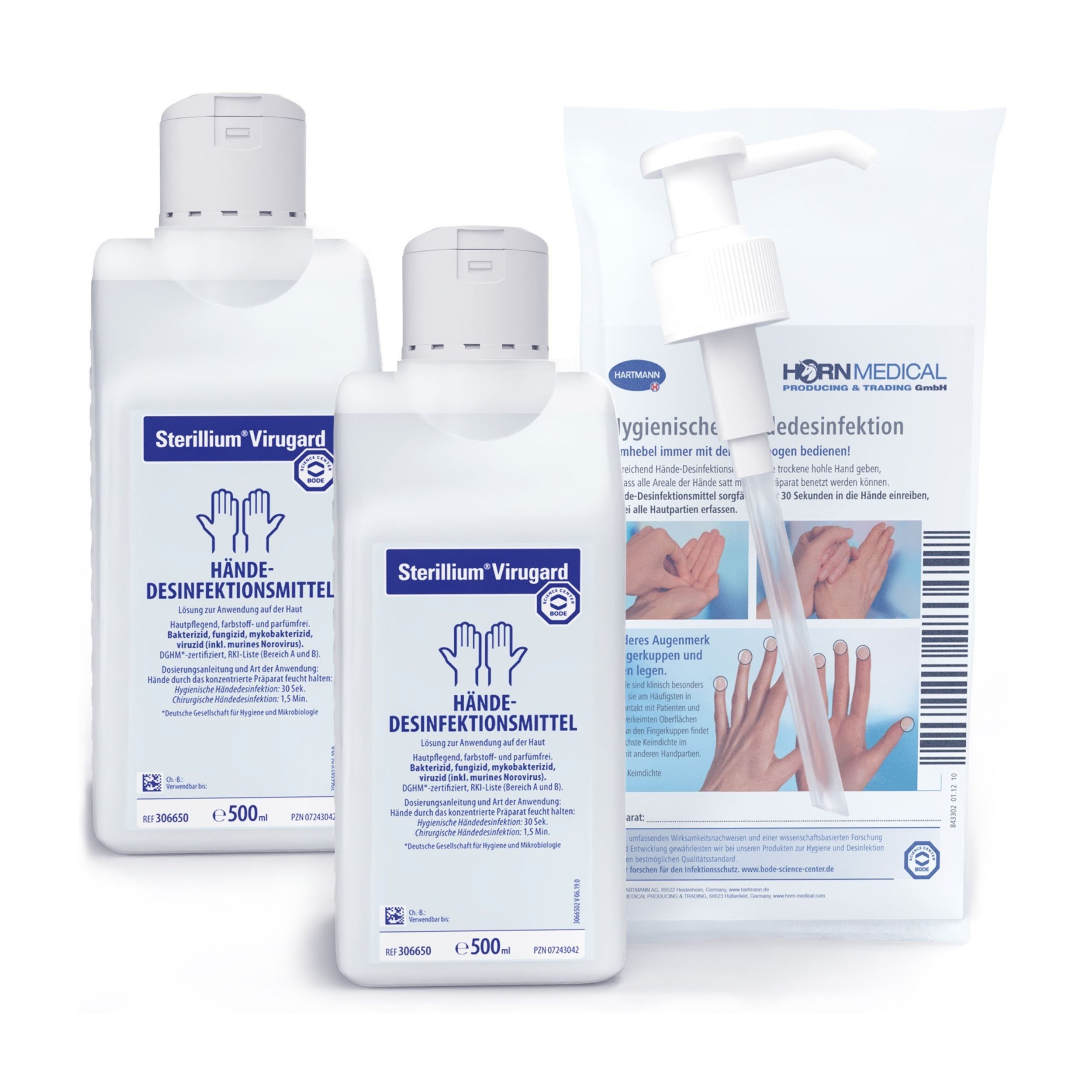 PAUL HARTMANN AG Horn Medical Dosierpumpe mit 2x Sterillium Virugard 500ml Hand-Desinfektionsmittel (farbstoff- & parfümfrei, [- Hochwirksame Desinfektionslösung wirkt sofort bis zu 6h geg. Hefepilze, Bakterien, Viren)